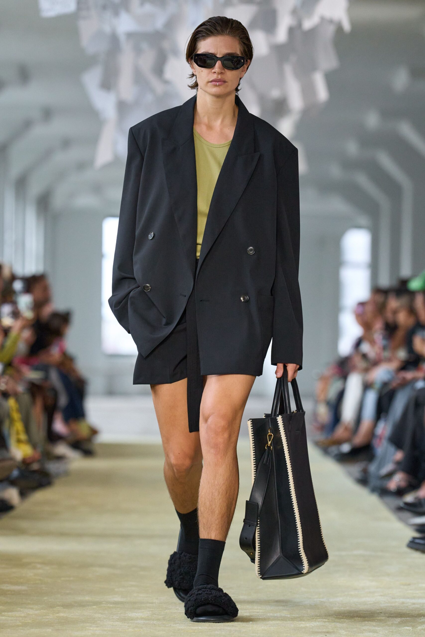 oversized black blazer with green top