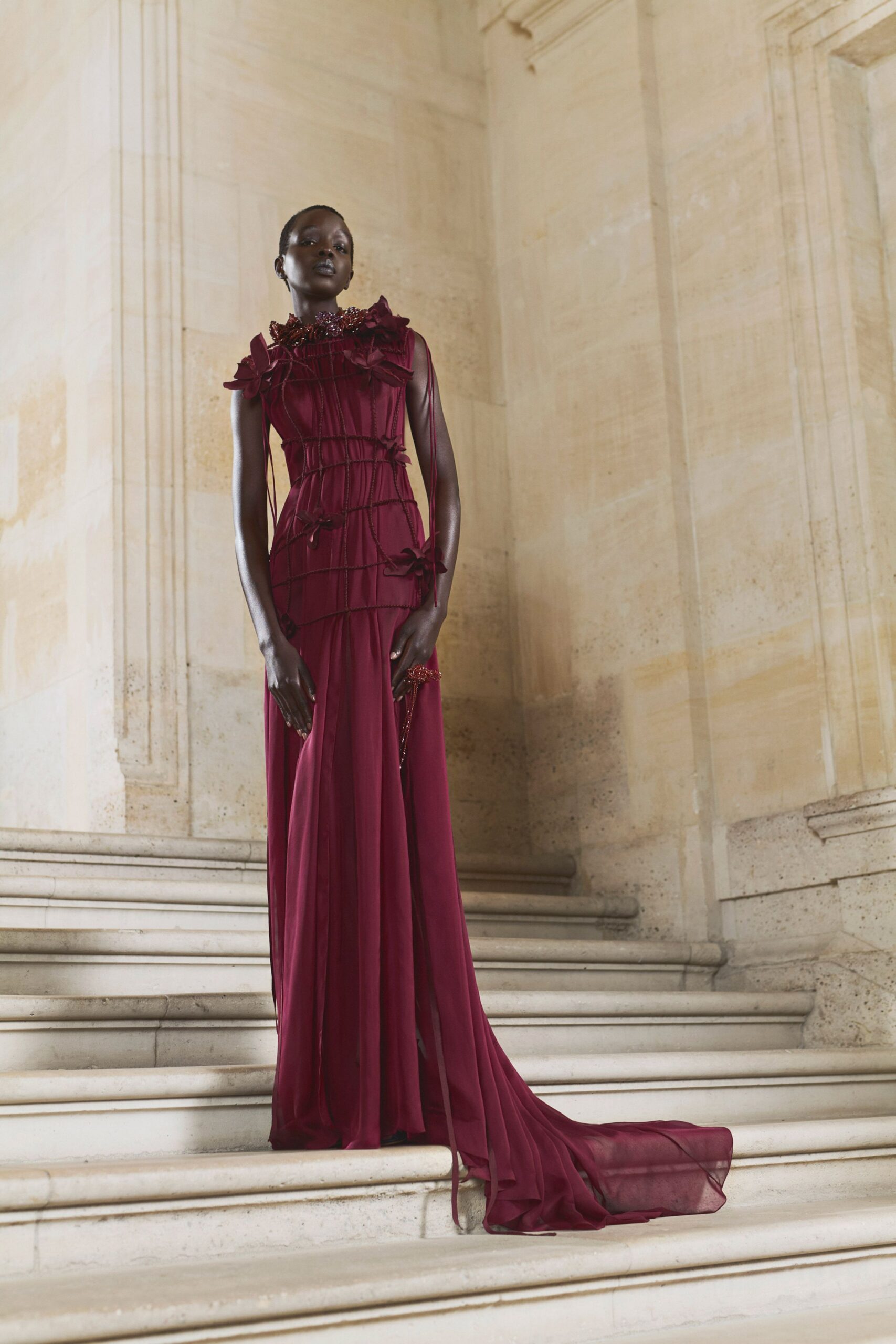 maroon silk sleeveless gown