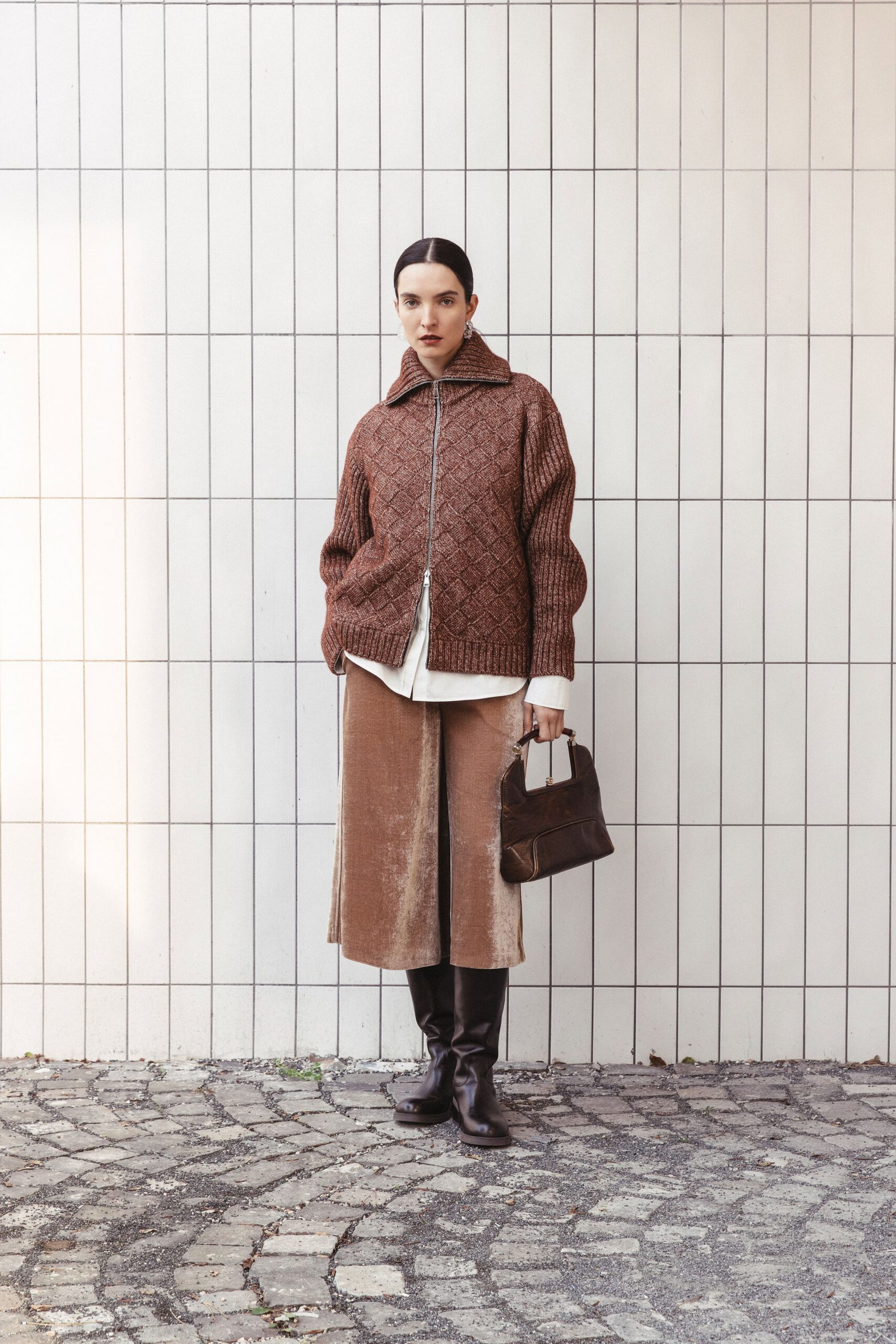 brown wool sweater with midi skirt