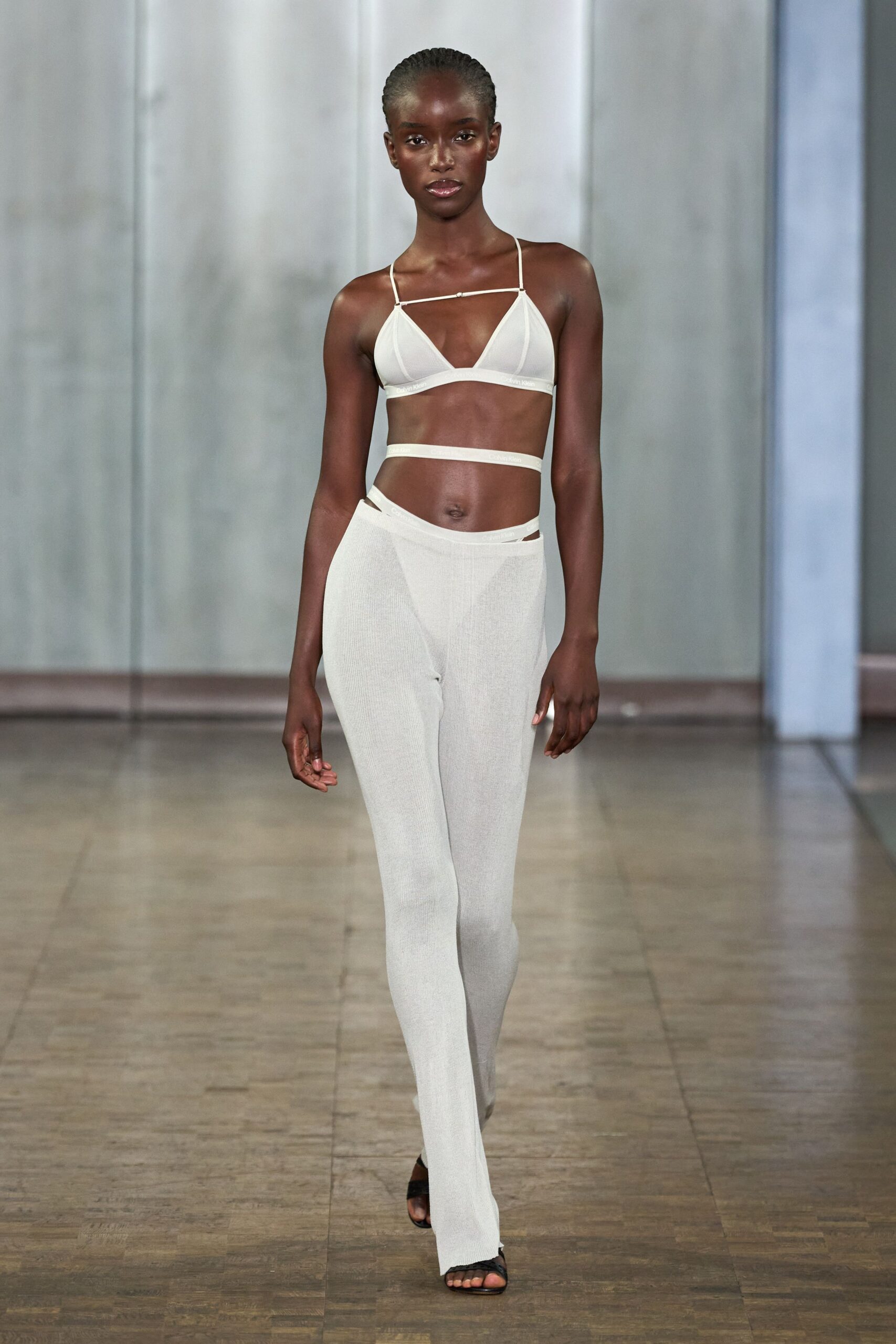 white mesh fitted straight-leg sheer pants