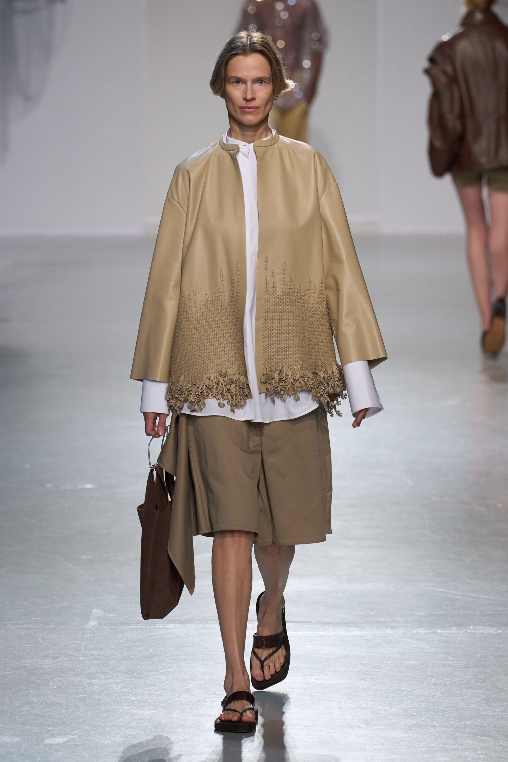 beige leather long-sleeve collared relaxed embroidered coat