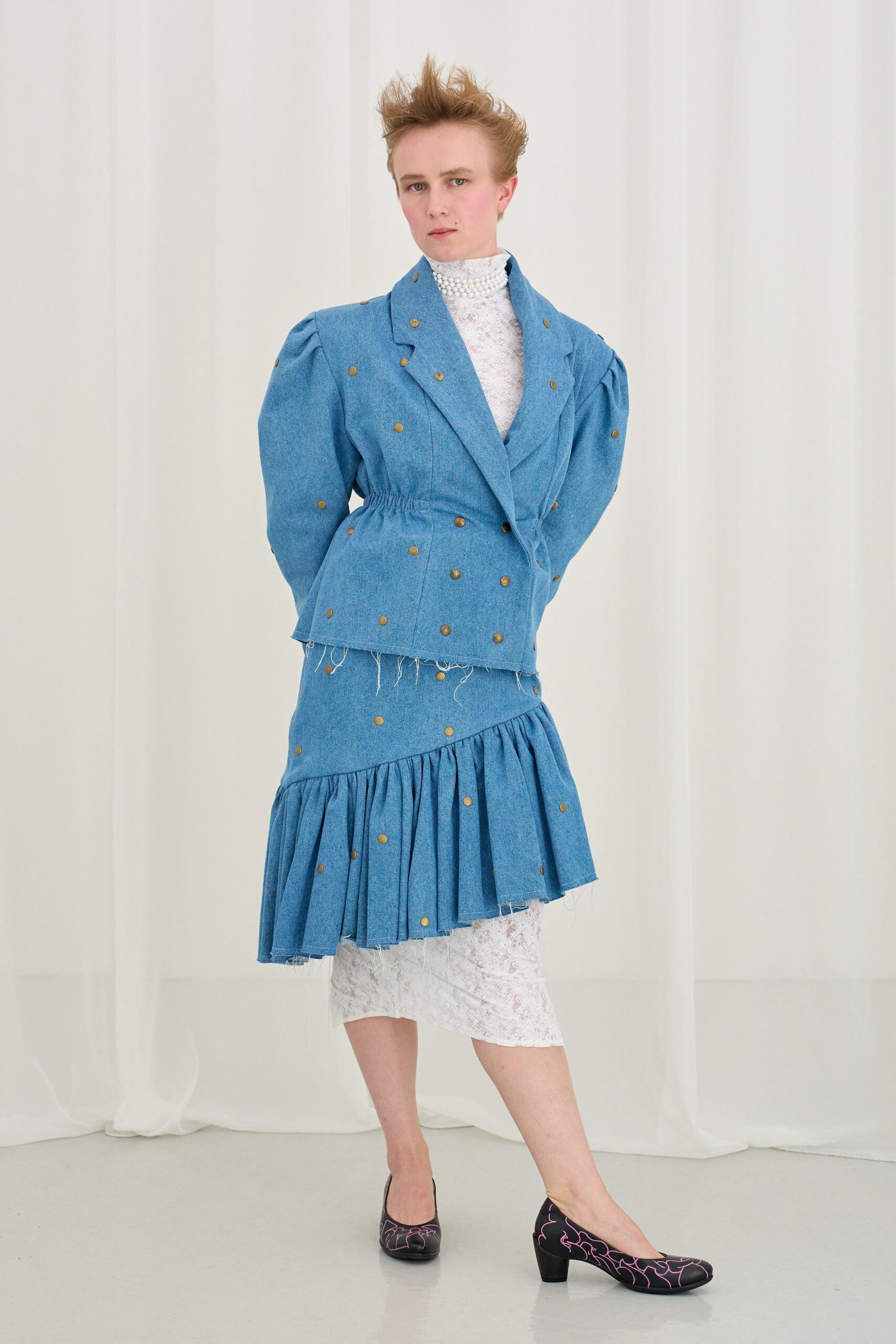 blue denim fitted tiered skirt