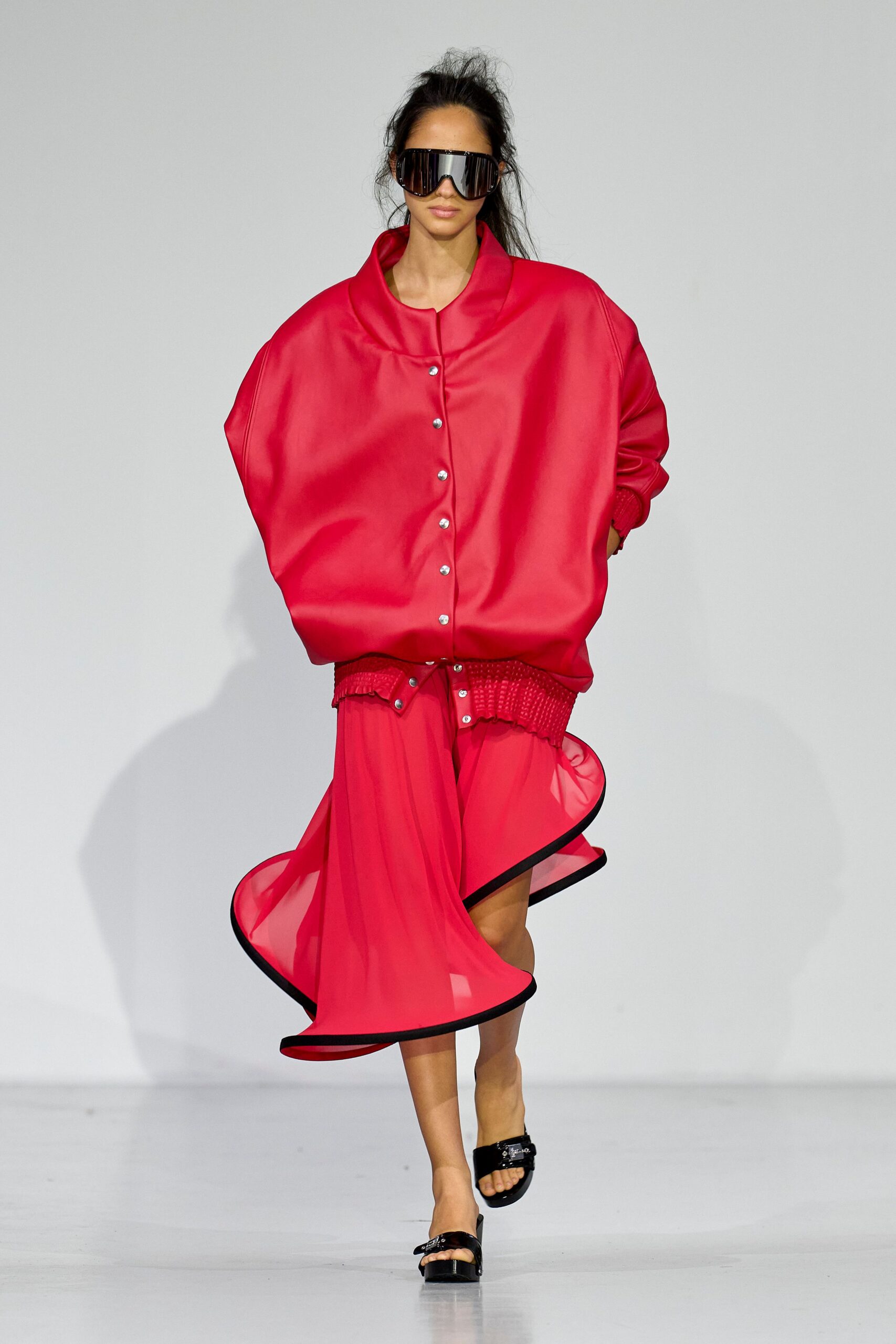 red silk long-sleeve collared oversized buttoned jacket
