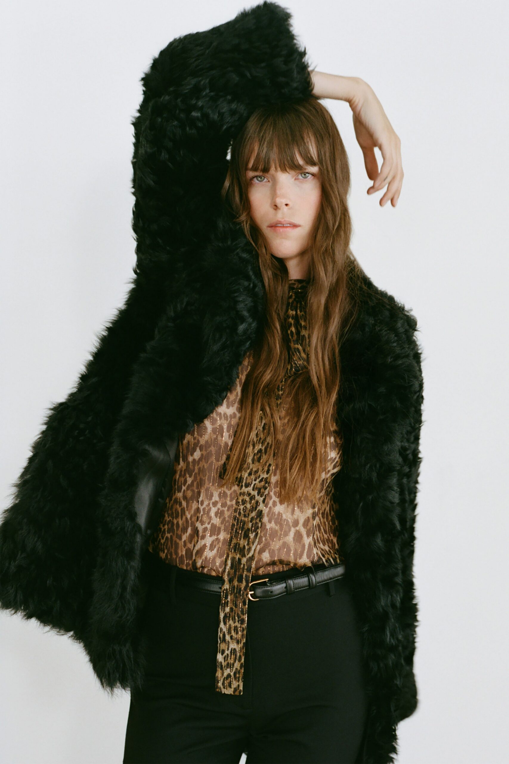 brown silk long-sleeve collared fitted animal-print blouse