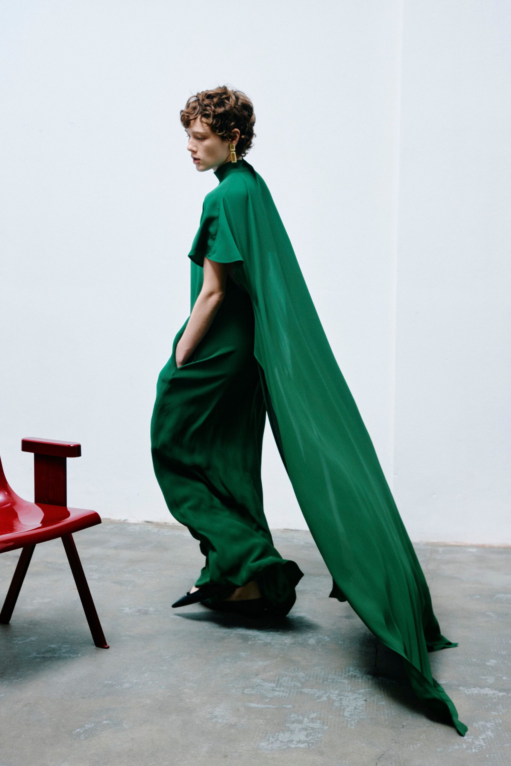 green silk sleeveless gown