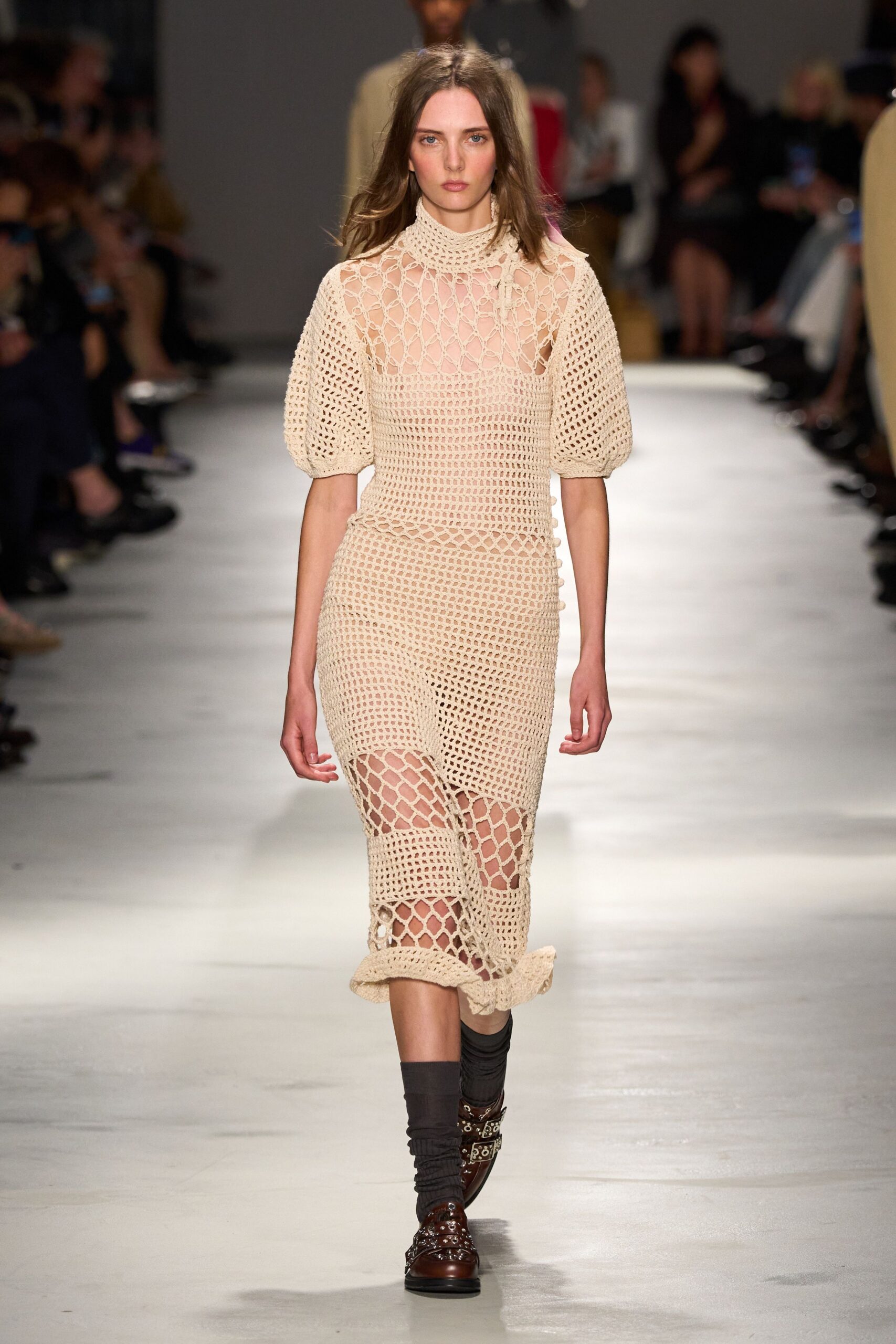 beige crochet midi dress