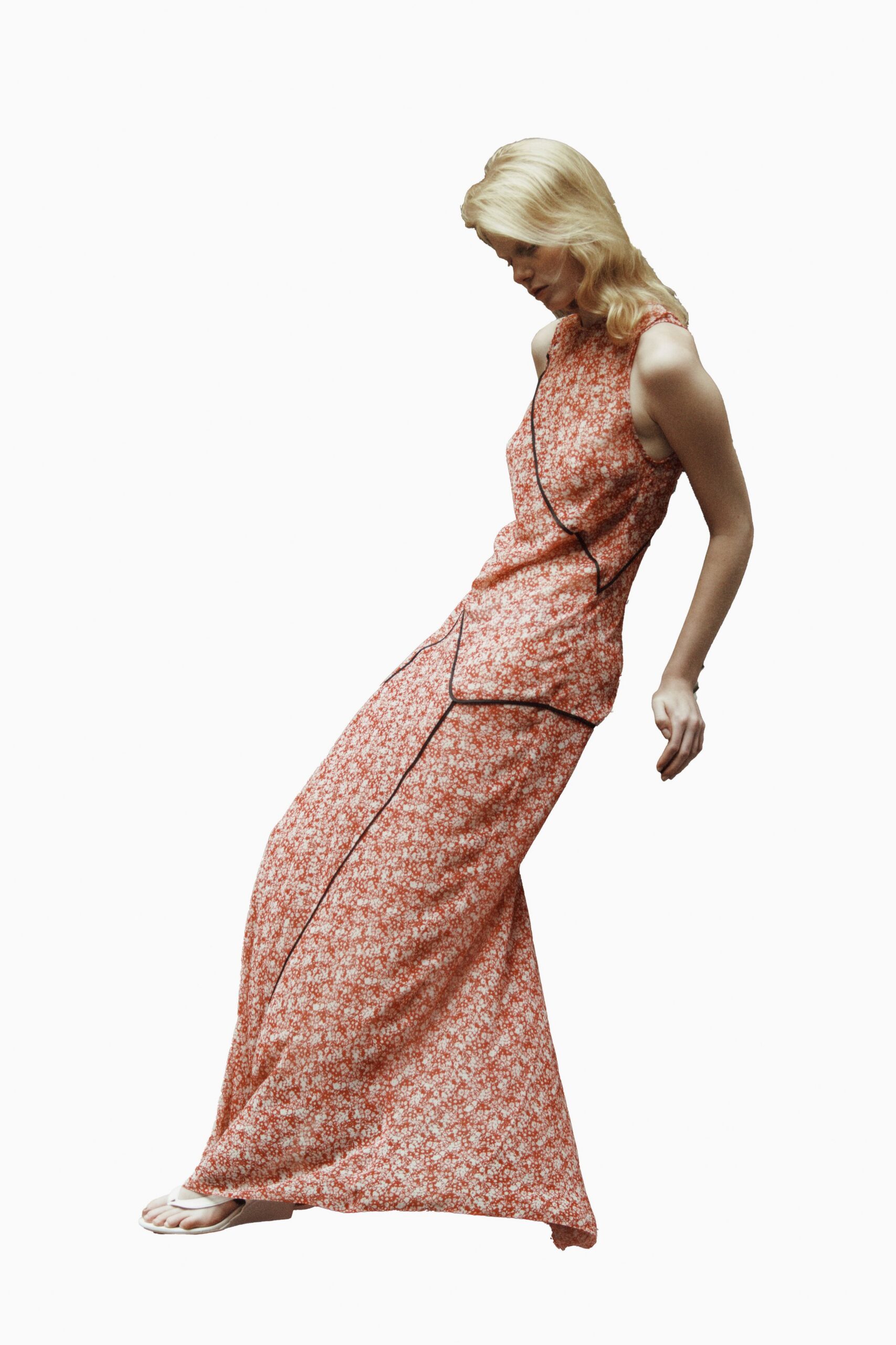 red cotton sleeveless high-neck fitted floral tiered dress