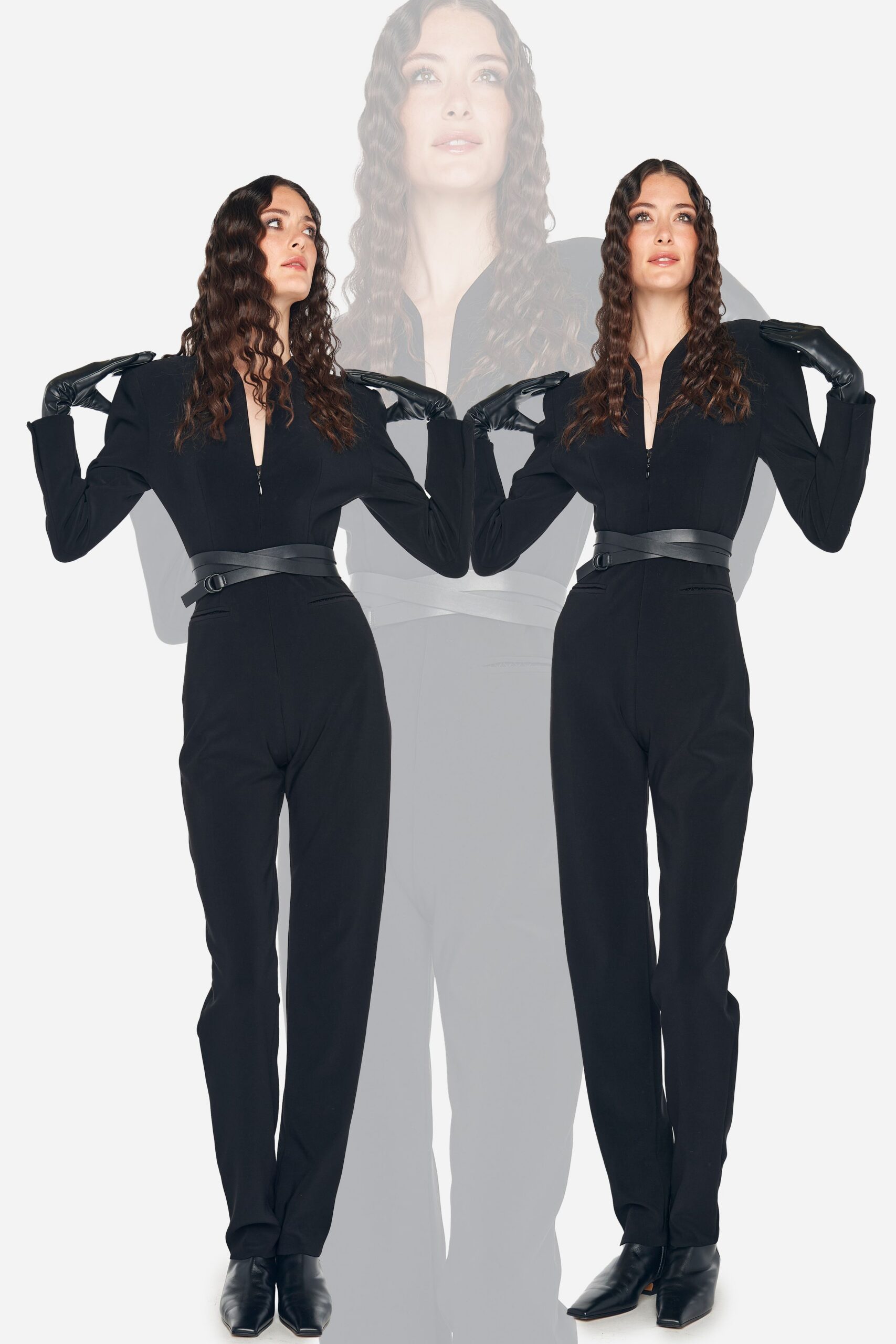black fitted jumpsuit with gloves