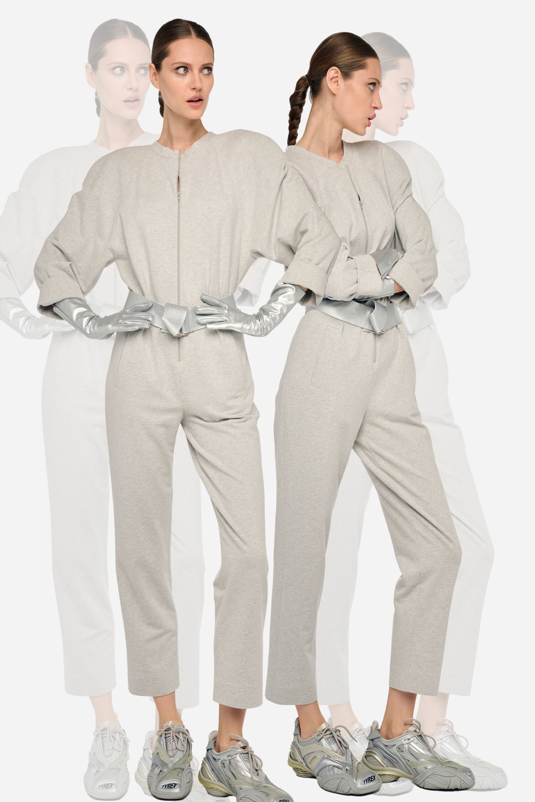 gray relaxed jumpsuit with gloves