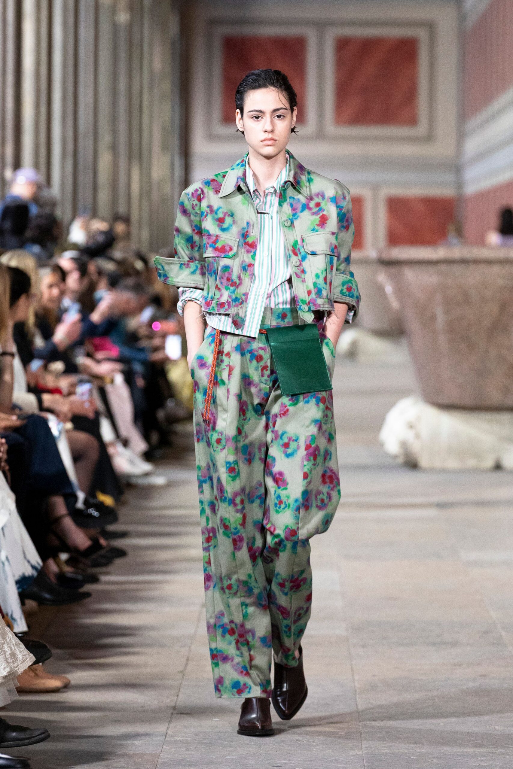 green cotton relaxed printed pants