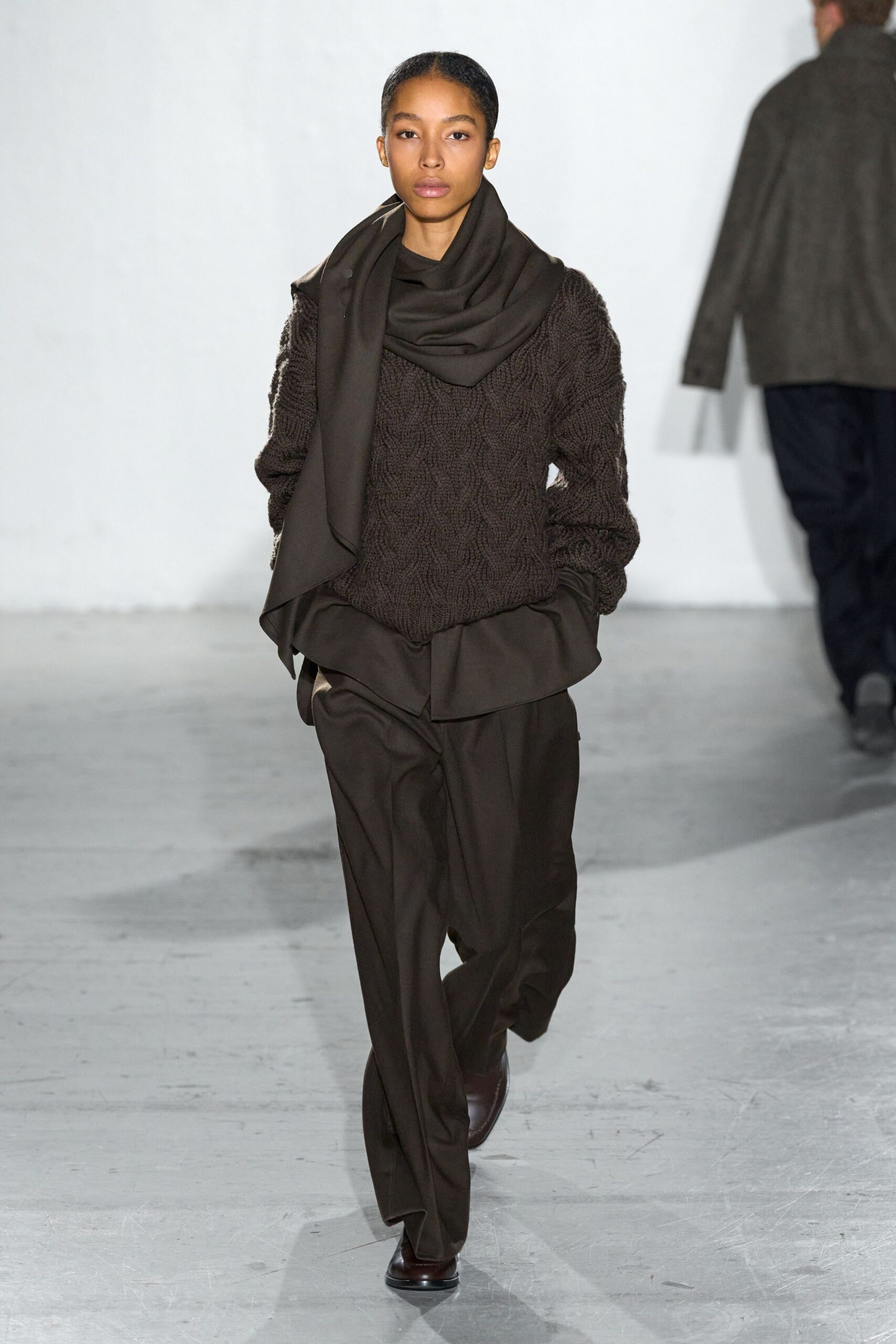 brown wool long-sleeve relaxed textured top