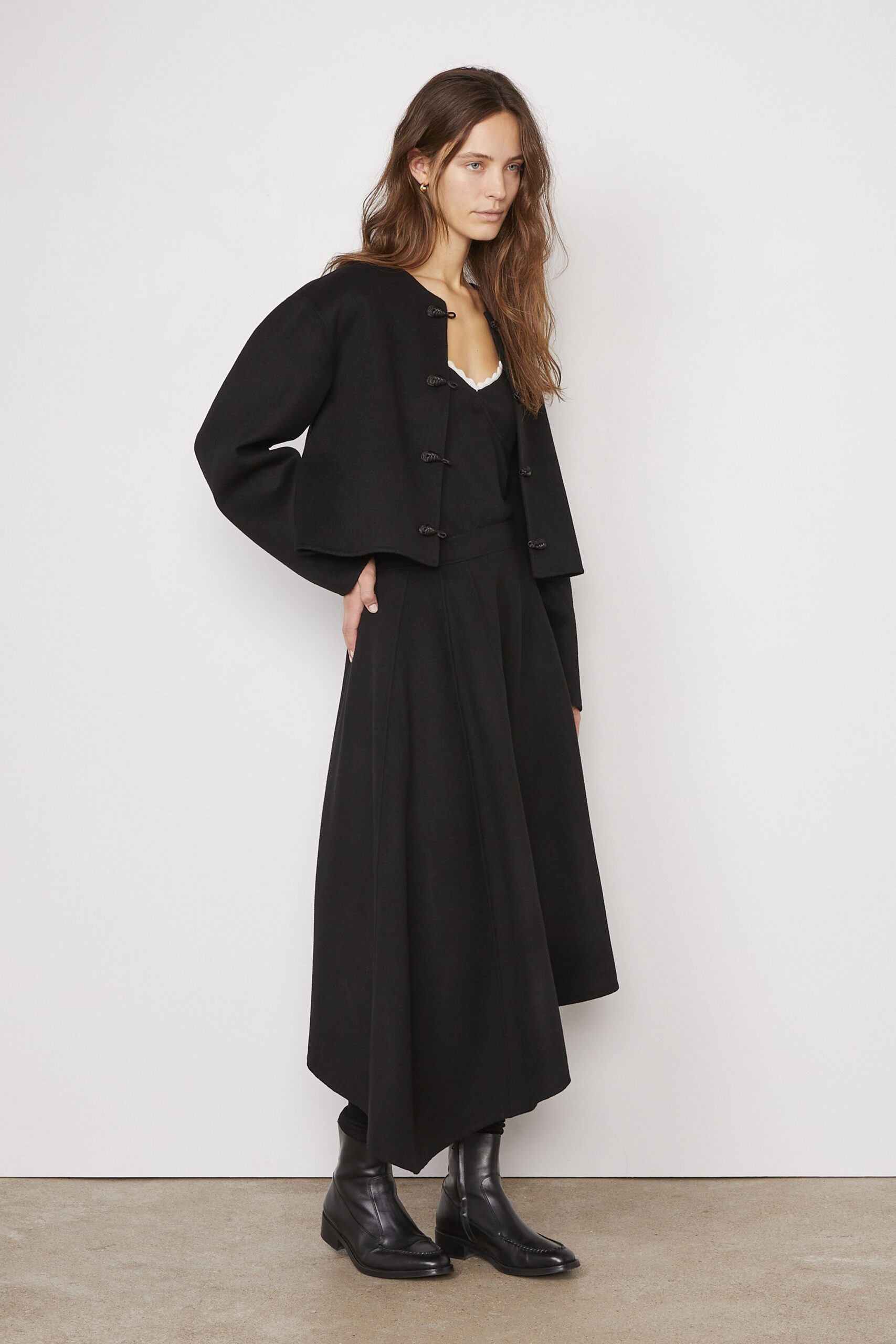 black wool jacket with silk top