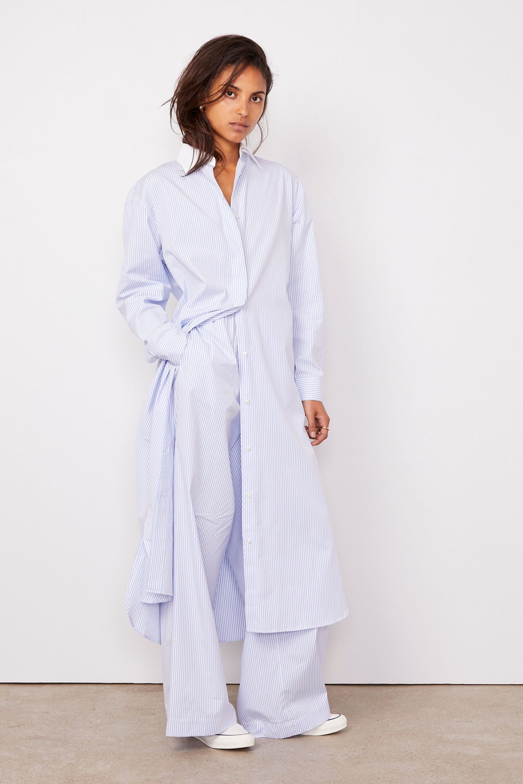 blue cotton long-sleeve collared relaxed striped midi shirt-dress