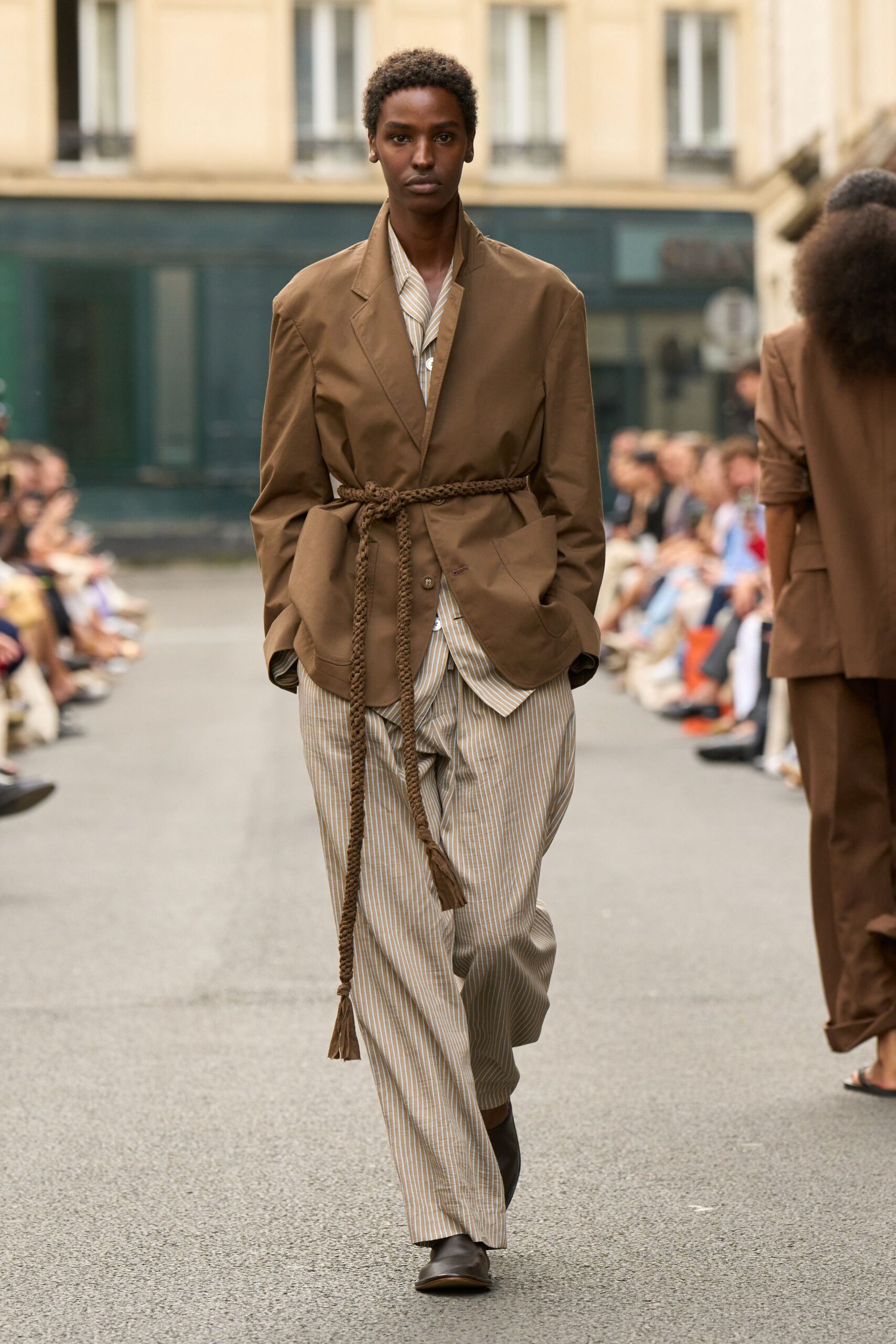brown relaxed blazer with striped pants
