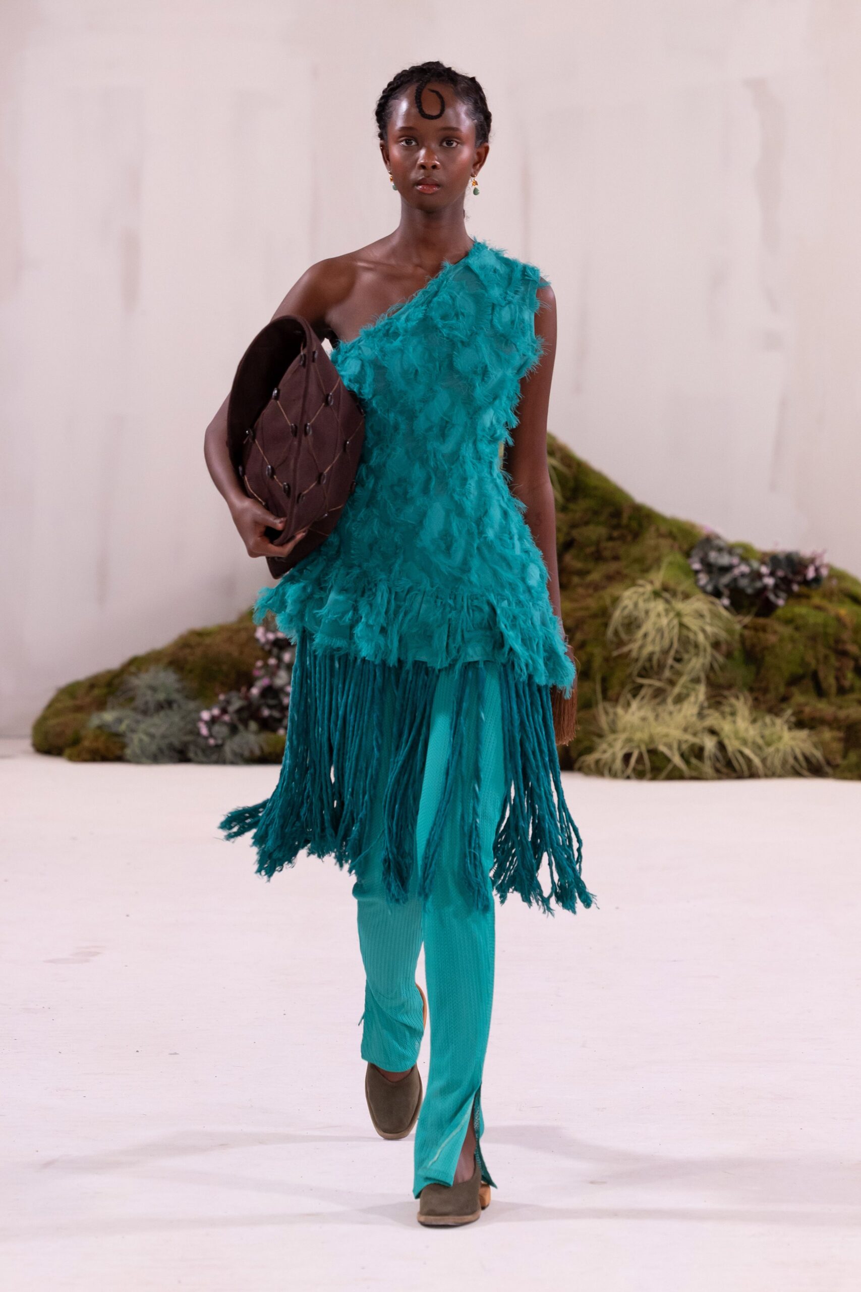 teal fringed dress with blue pants