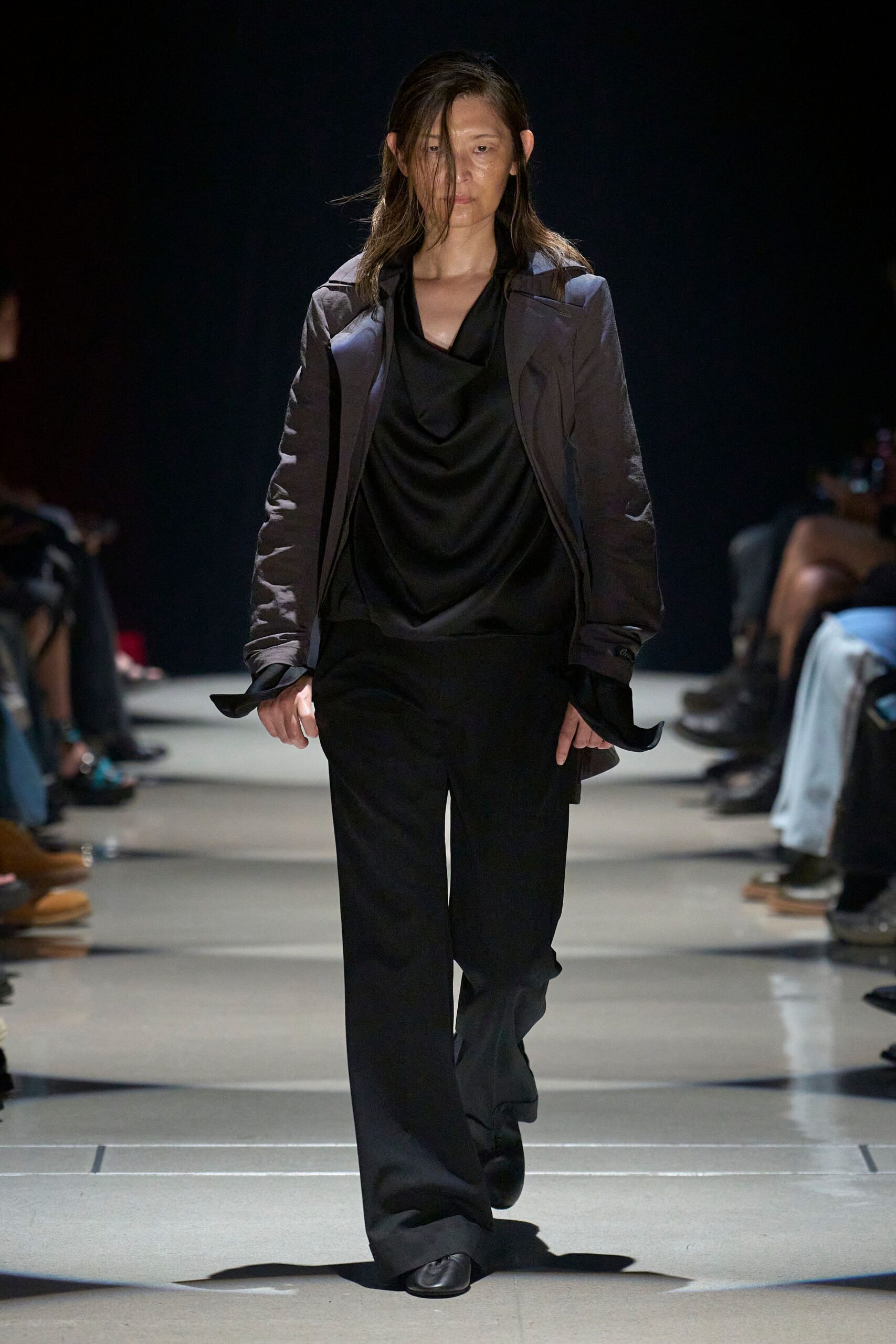 gray jacket black top black pants