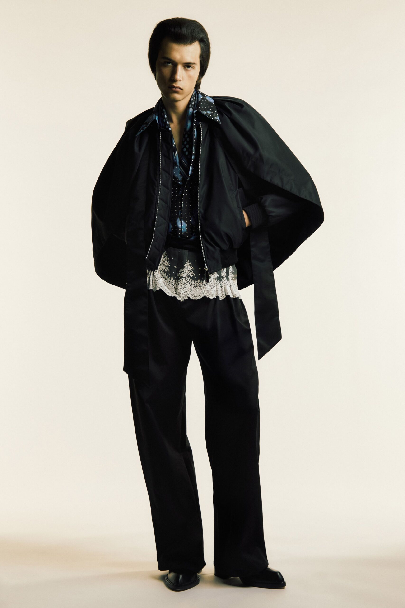 black silk long-sleeve collared structured zippered jacket