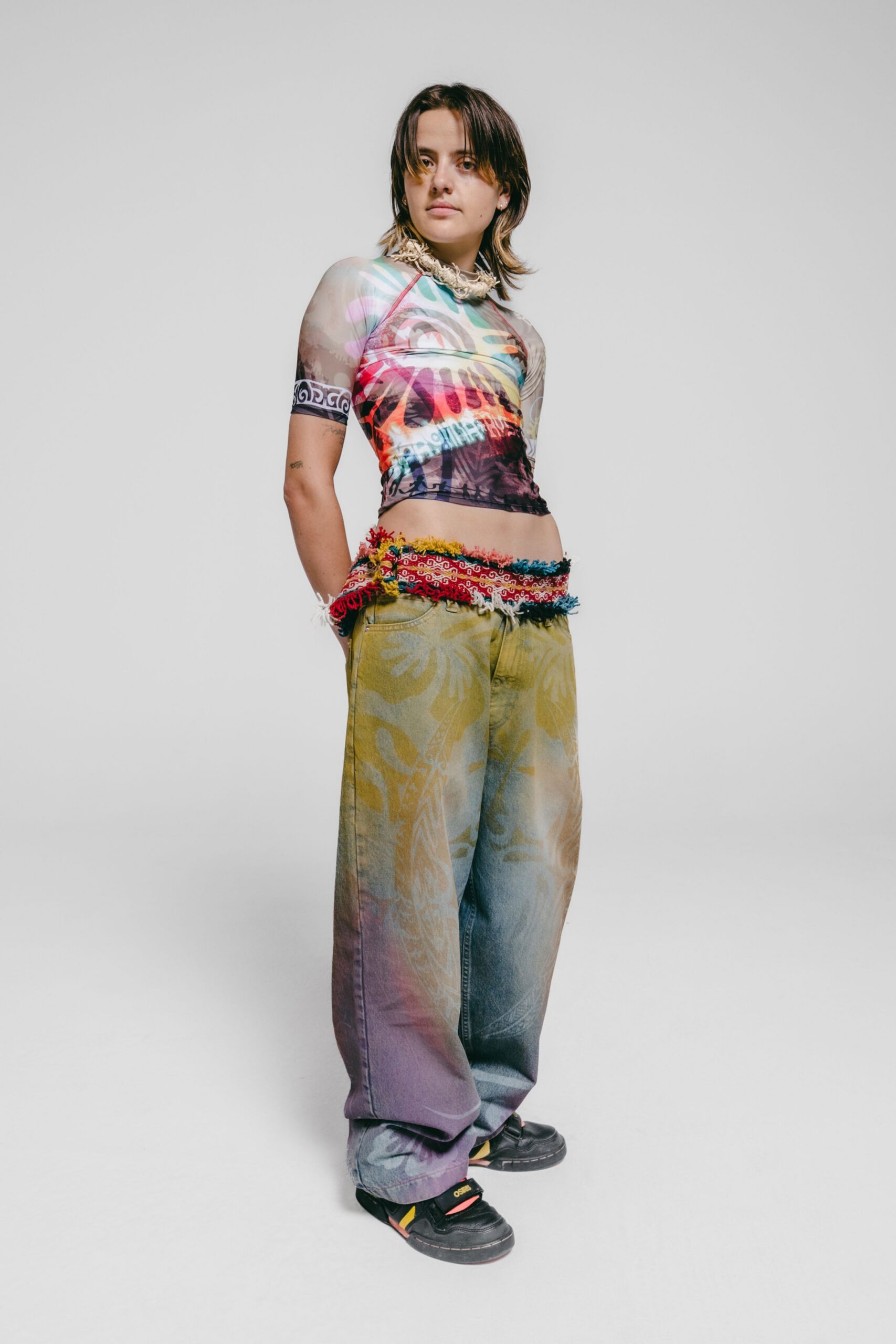 multi cotton short-sleeve fitted printed cropped top