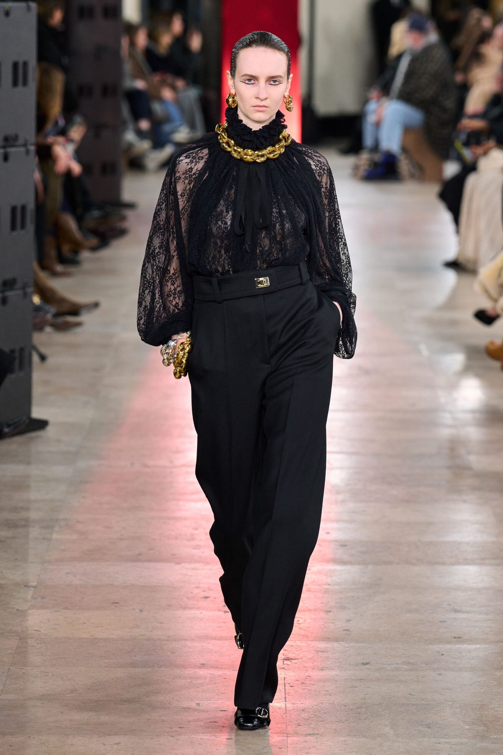 black lace long-sleeve high-neck fitted ruffled sheer blouse
