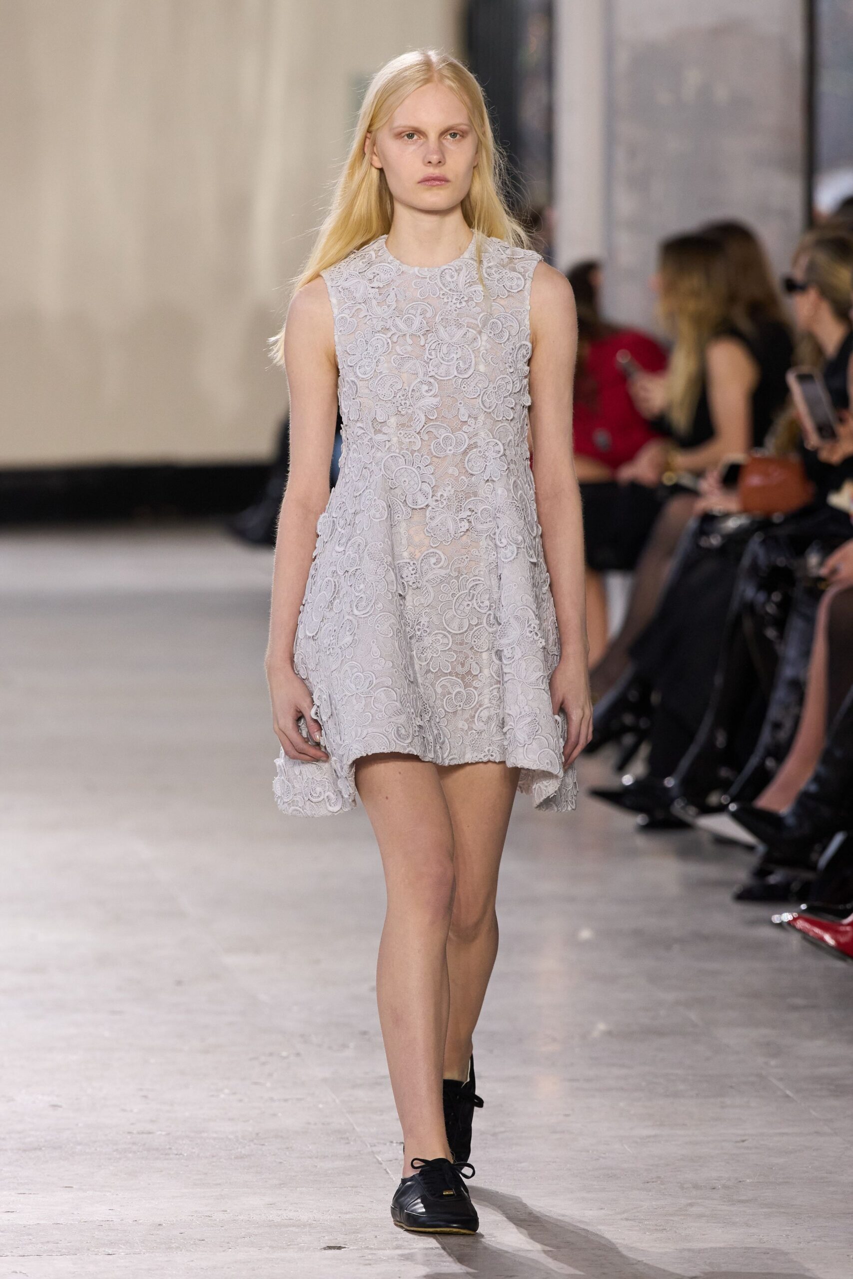 gray lace sleeveless high-neck fitted pleated mini dress