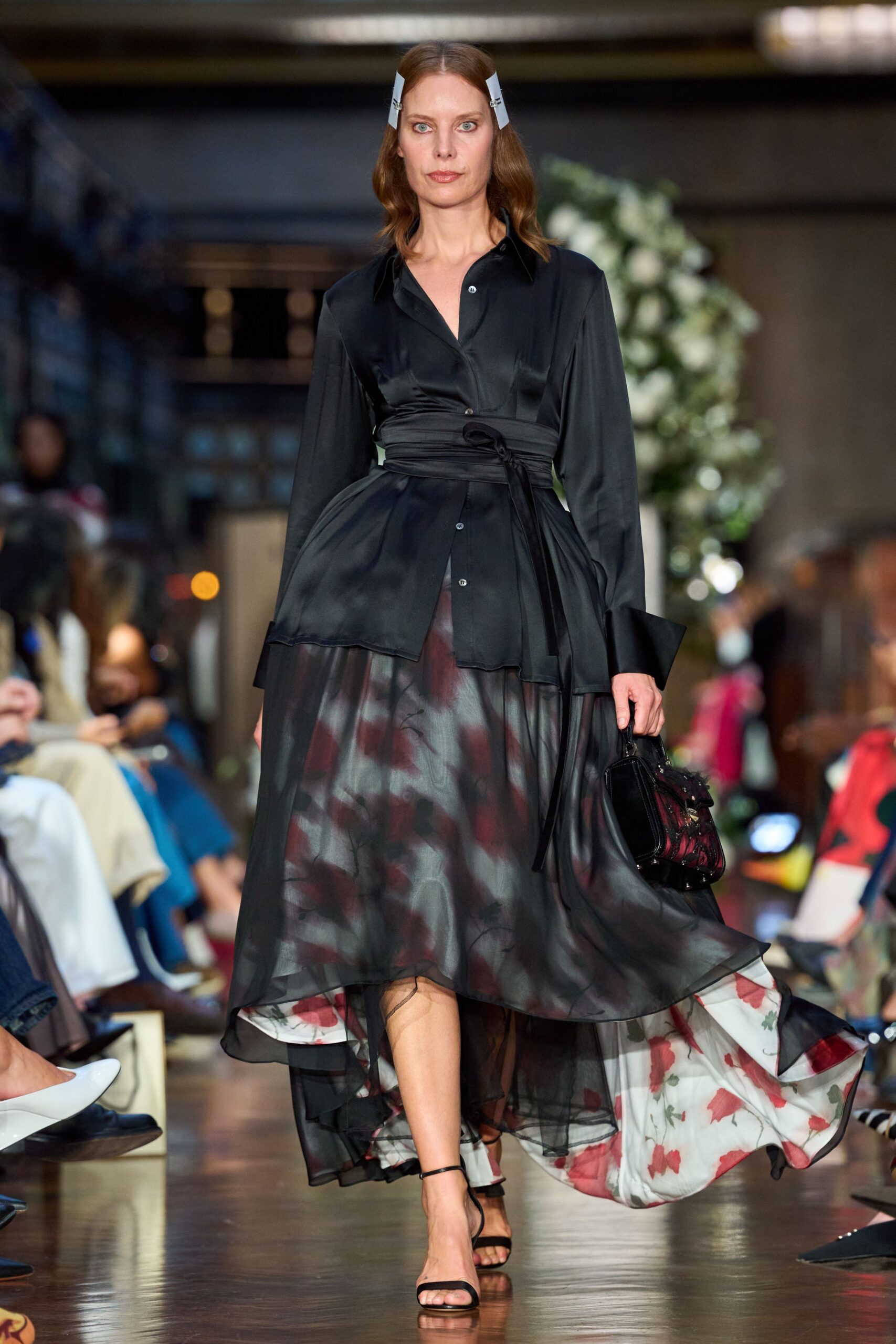 black silk long-sleeve collared fitted layered flowing dress