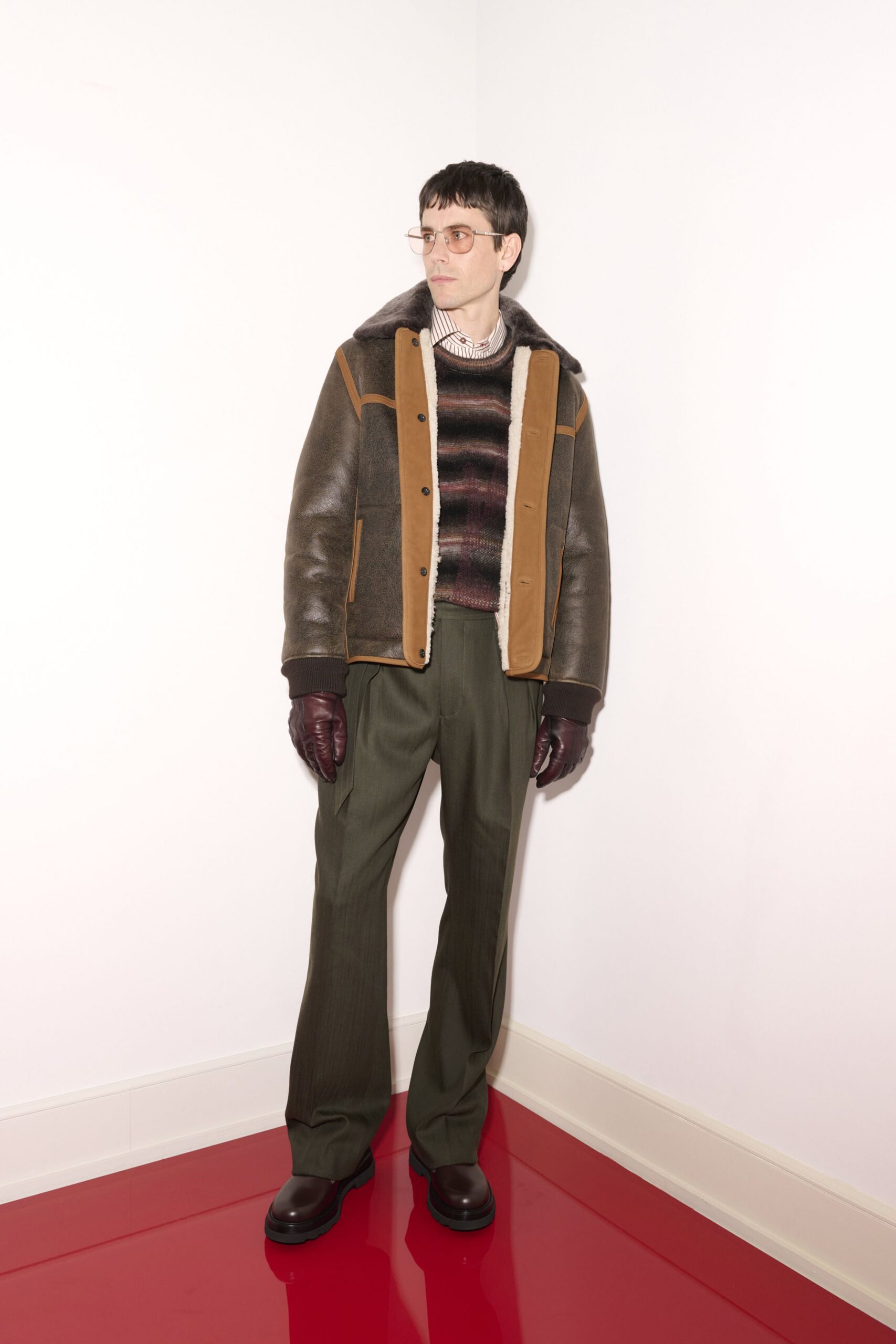 brown leather long-sleeve collared relaxed buttoned jacket