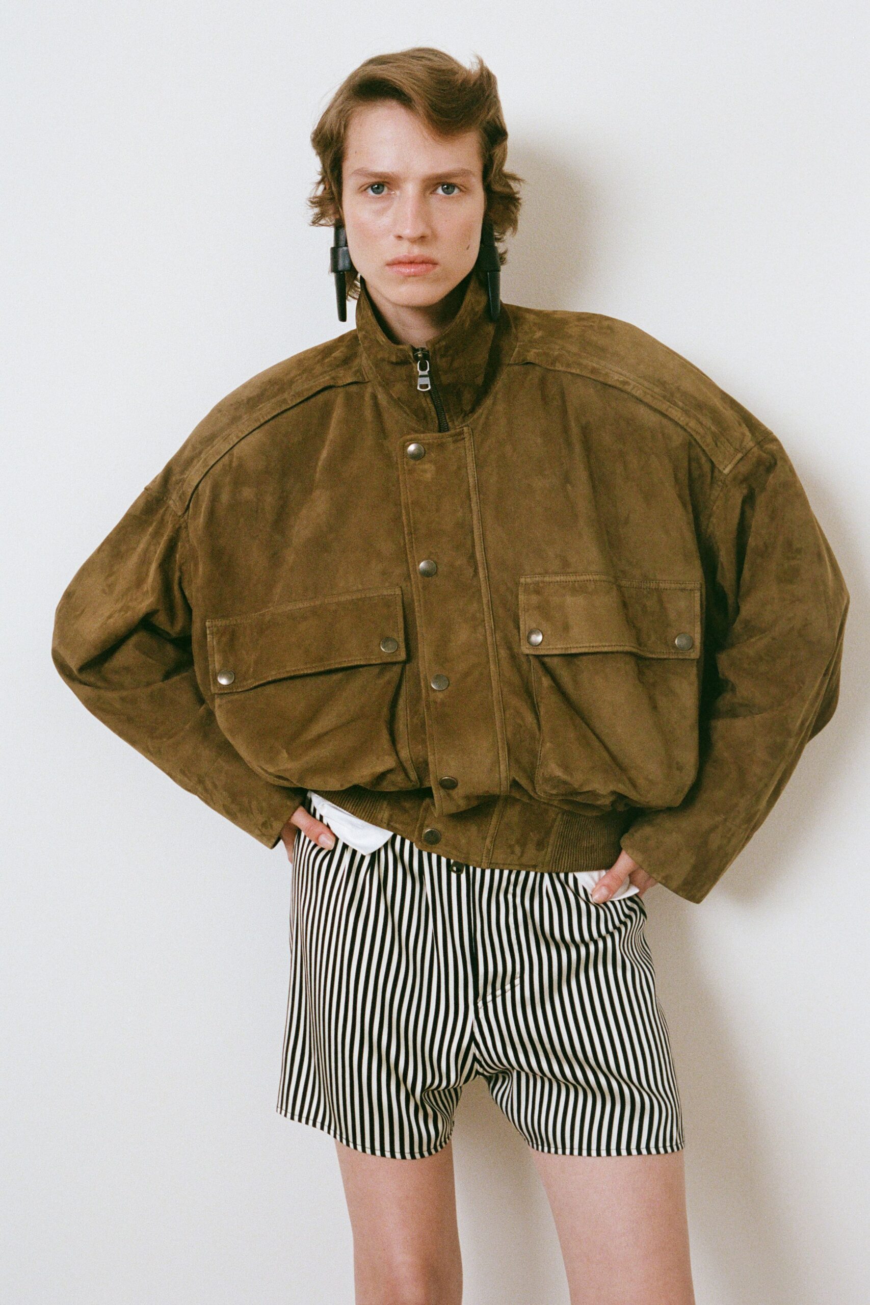 brown suede long-sleeve collared oversized buttoned jacket