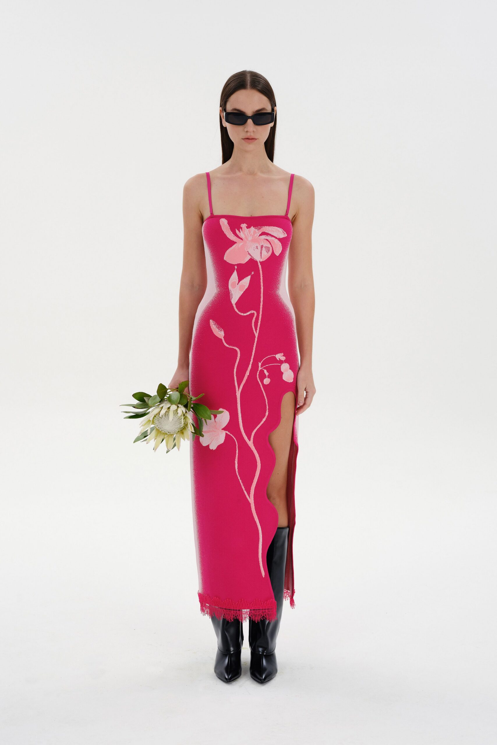 pink knit sleeveless high-neck fitted floral maxi dress