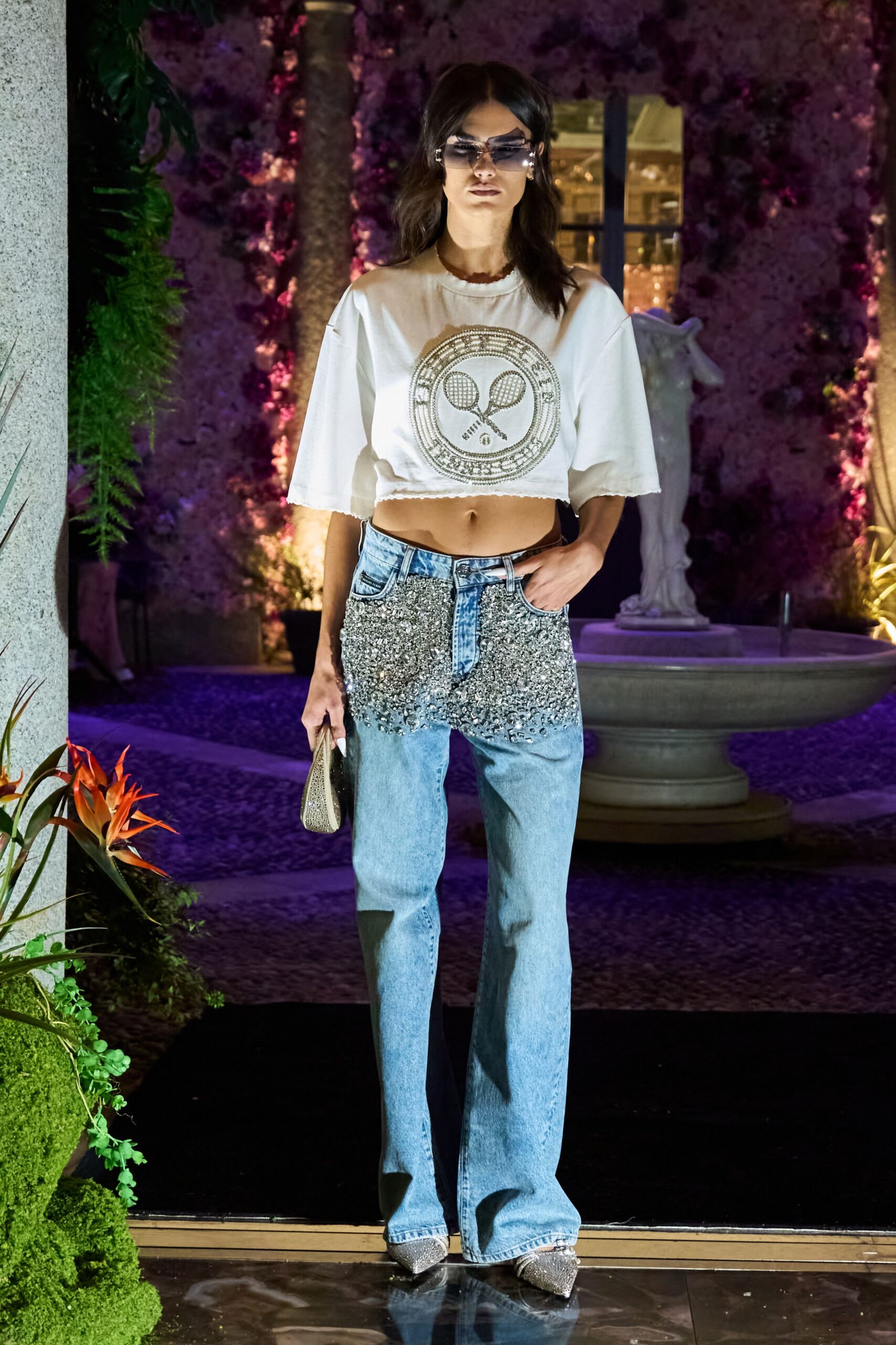 white printed top with denim pants