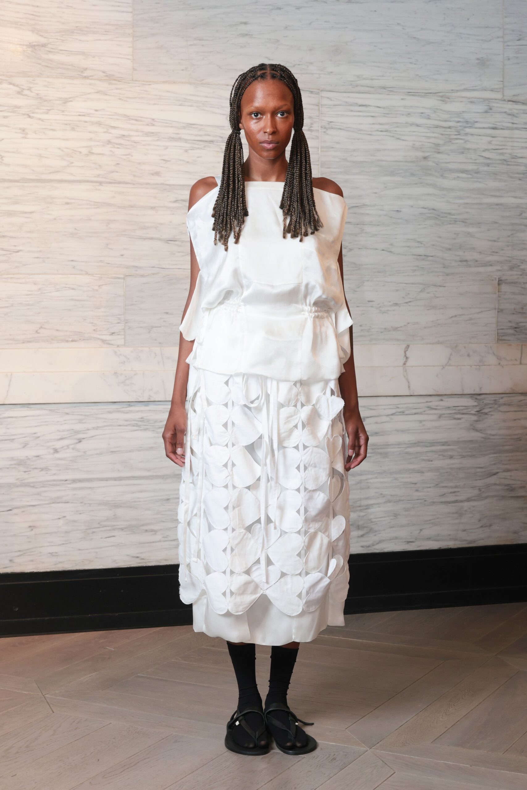 white silk sleeveless off-shoulder relaxed draped top