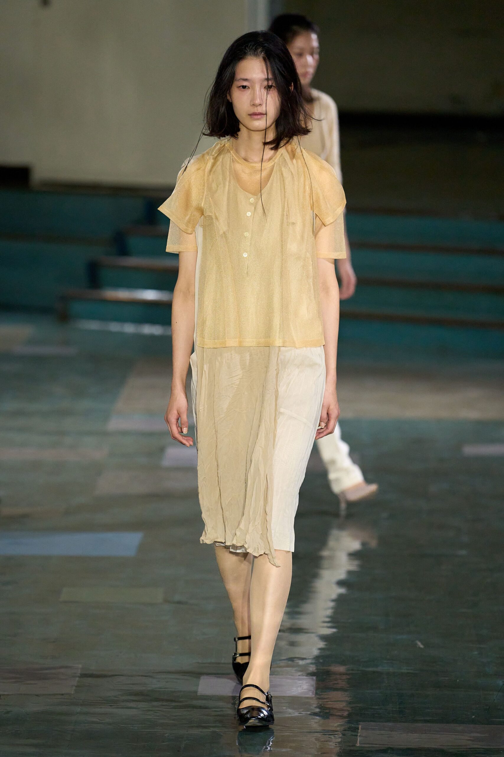 beige chiffon short-sleeve collared relaxed layered sheer dress