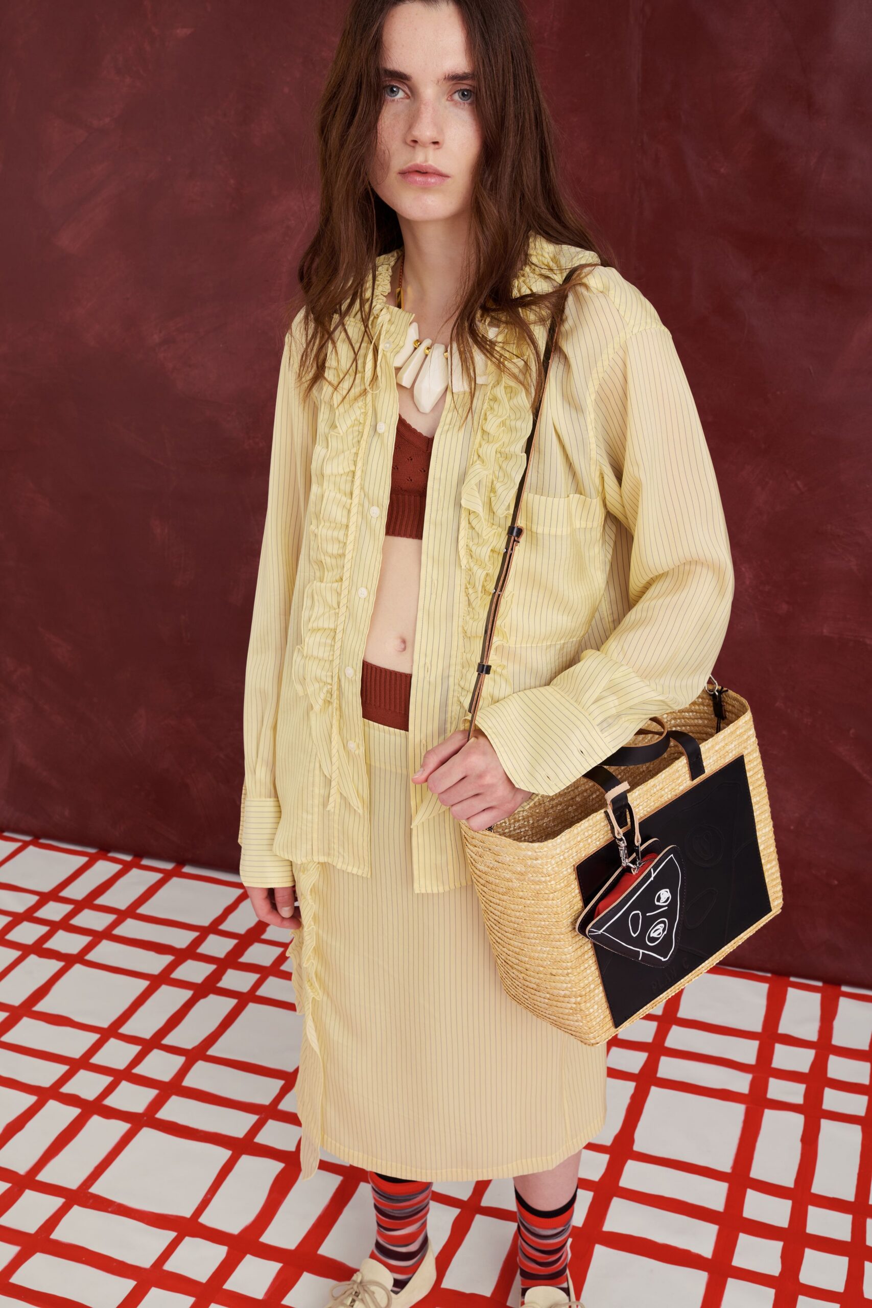 yellow cotton long-sleeve collared relaxed ruffled shirt