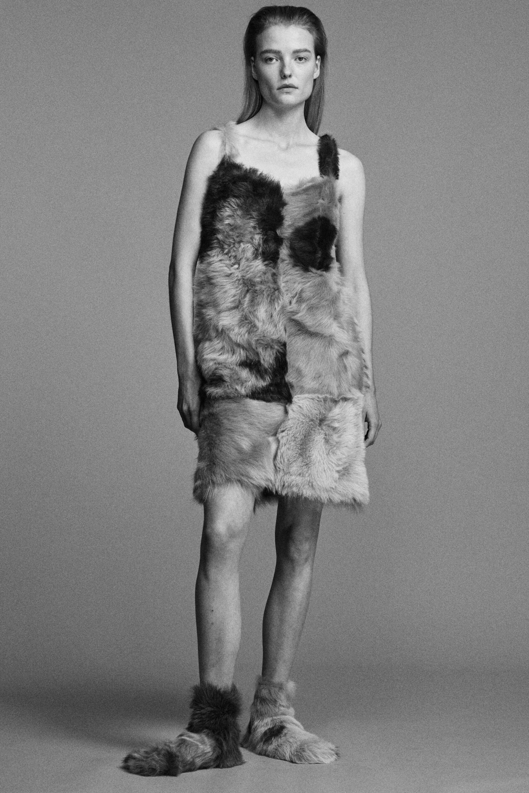 brown fur sleeveless fitted patchwork mini dress