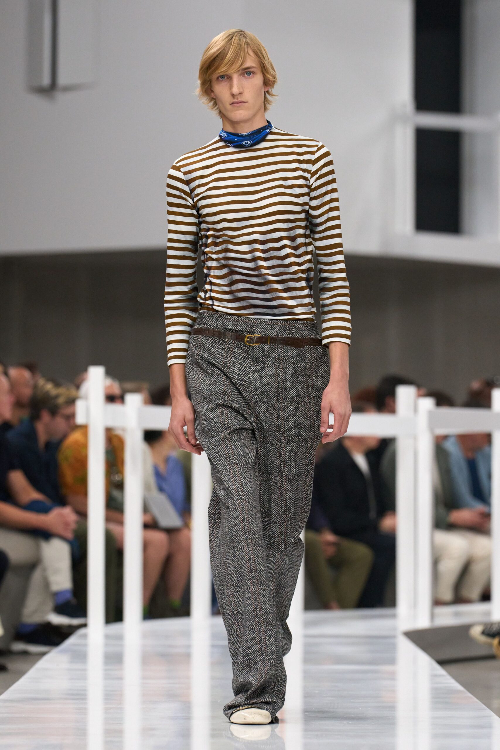 brown cotton long-sleeve collared fitted striped top