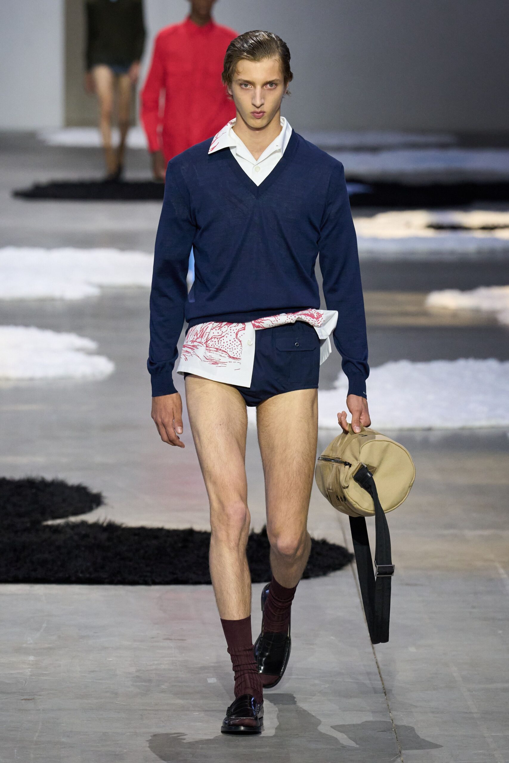 blue sweater white shirt shorts
