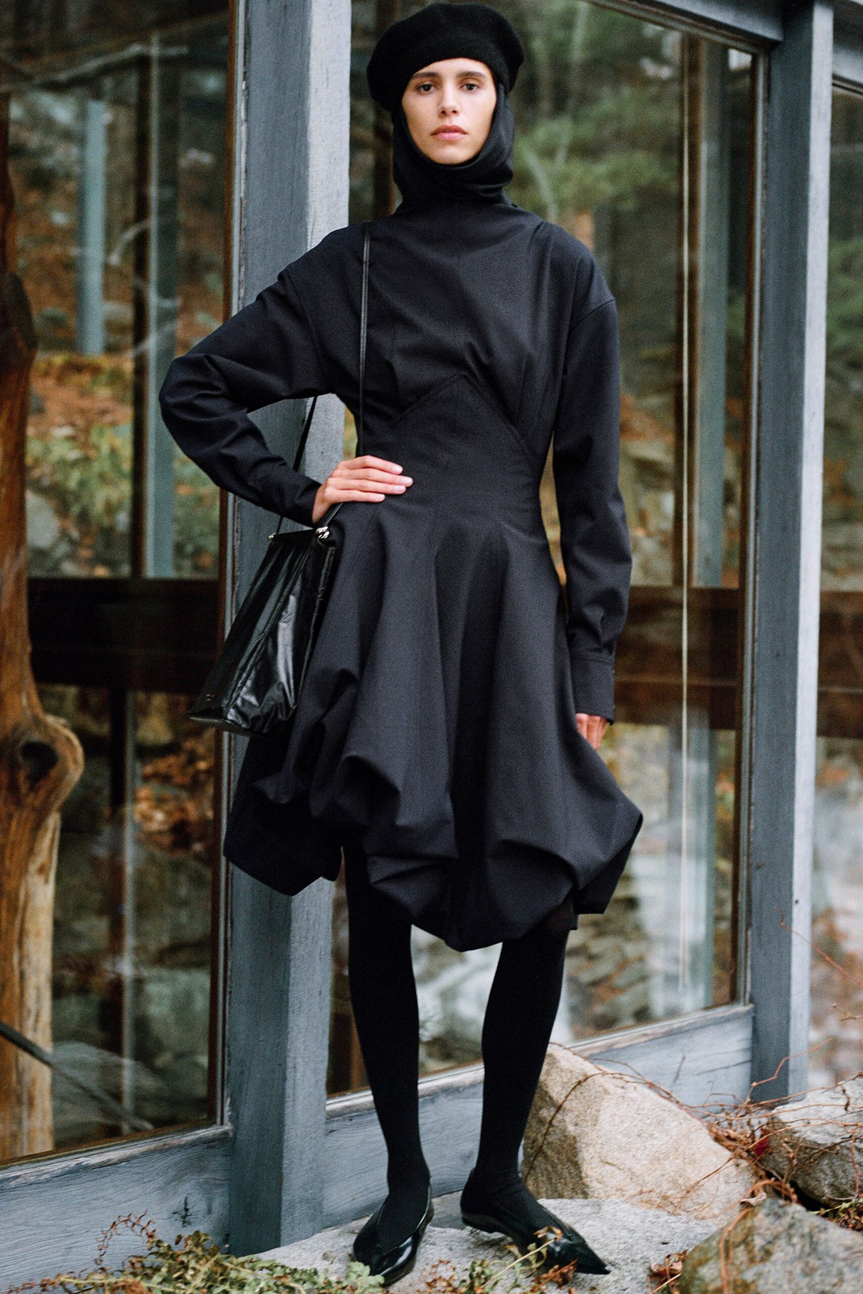 black cotton long-sleeve high-neck fitted pleated mini dress