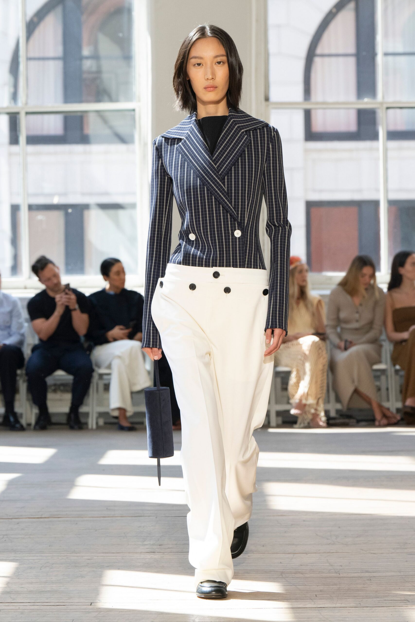 navy striped blazer with white pants