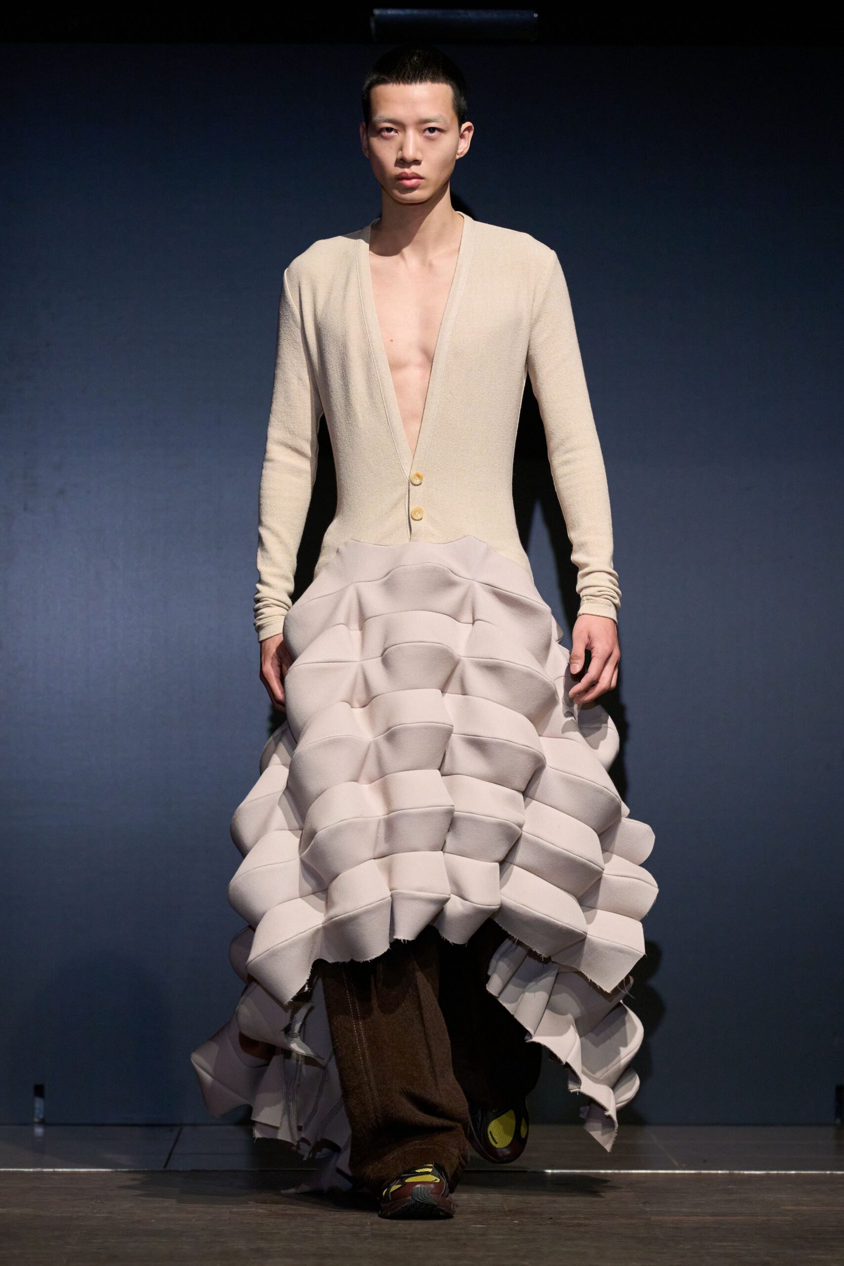 beige cotton long-sleeve v-neck fitted pleated layered dress