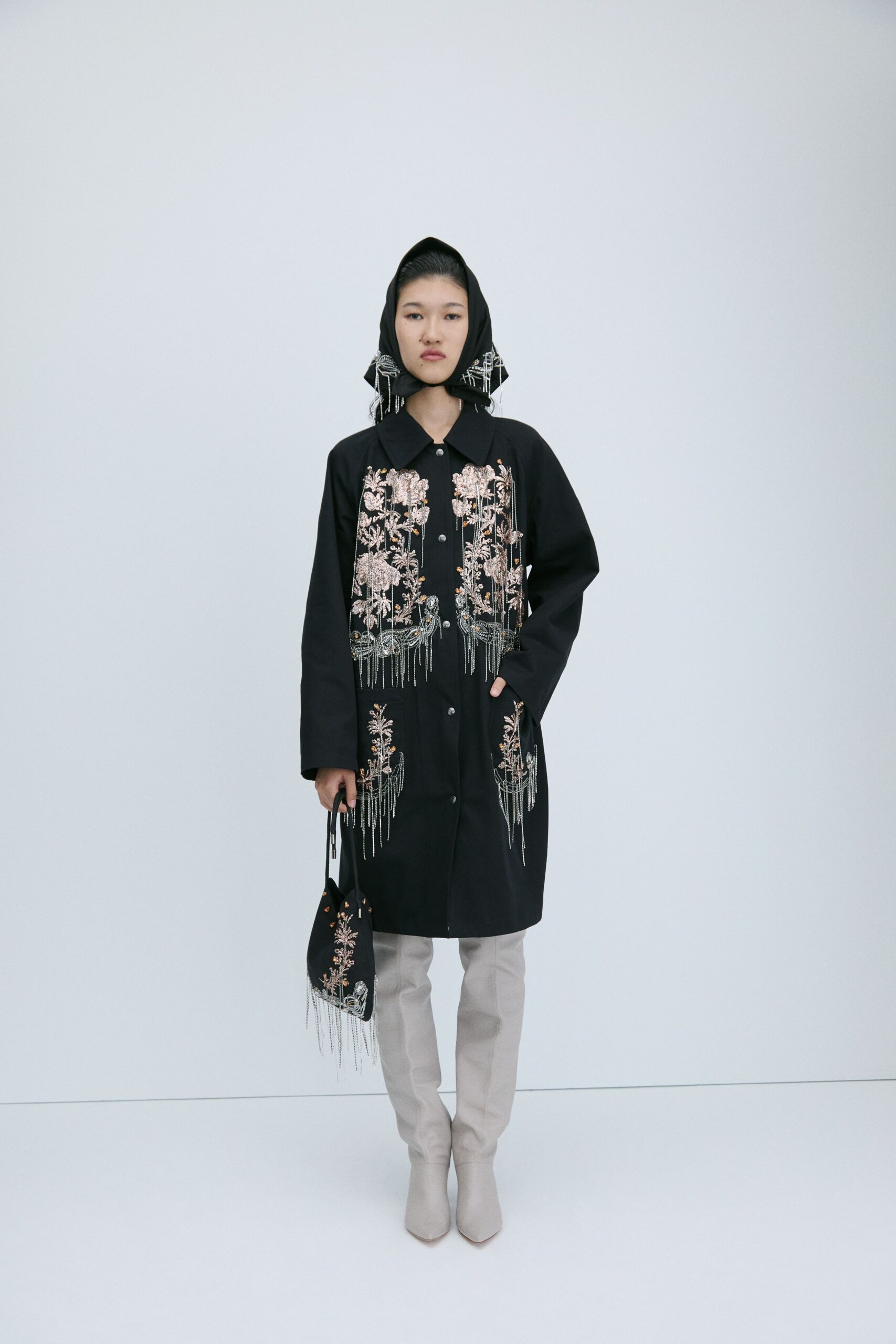 black cotton long-sleeve collared oversized embroidered coat