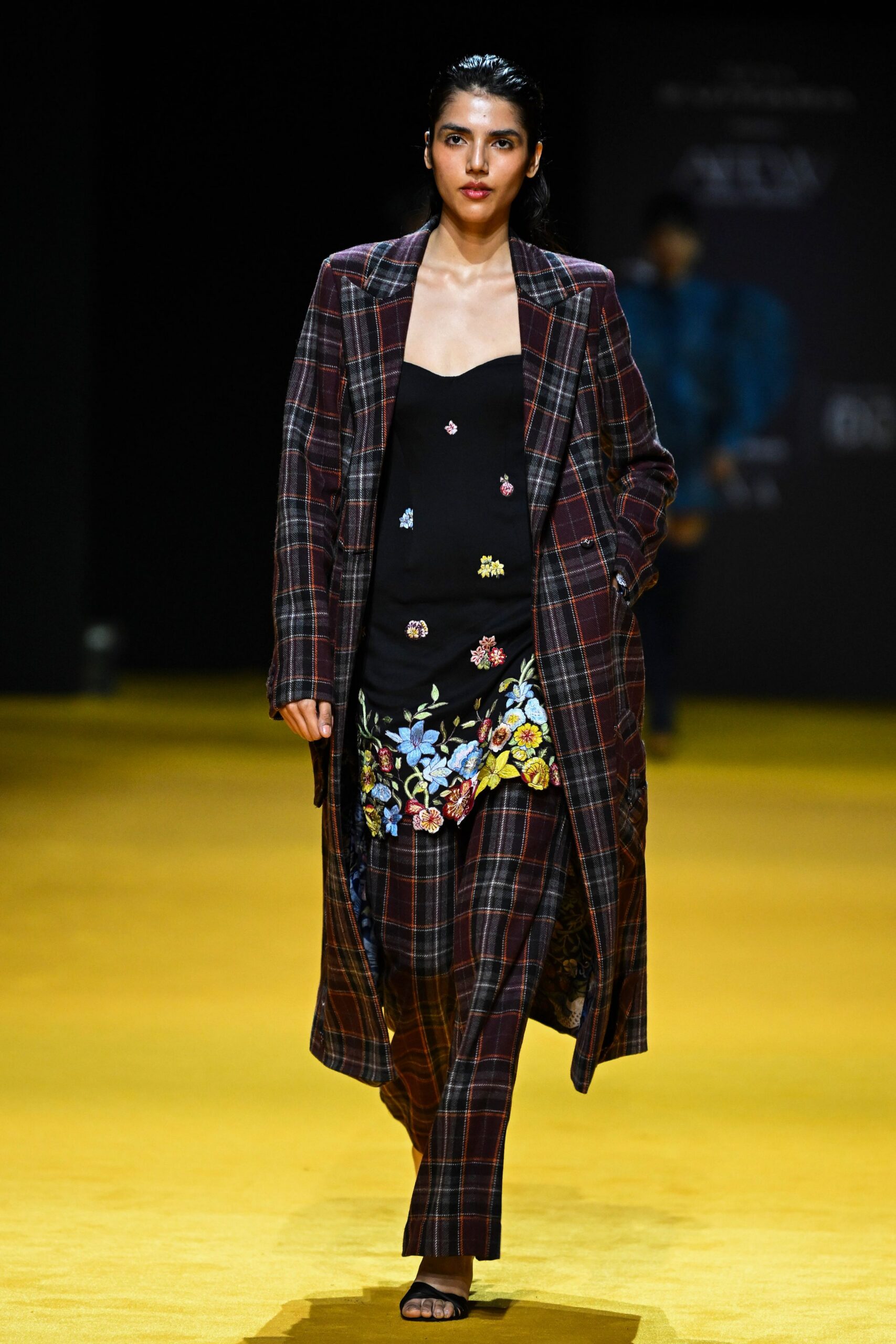 plaid coat with embroidered top and pants