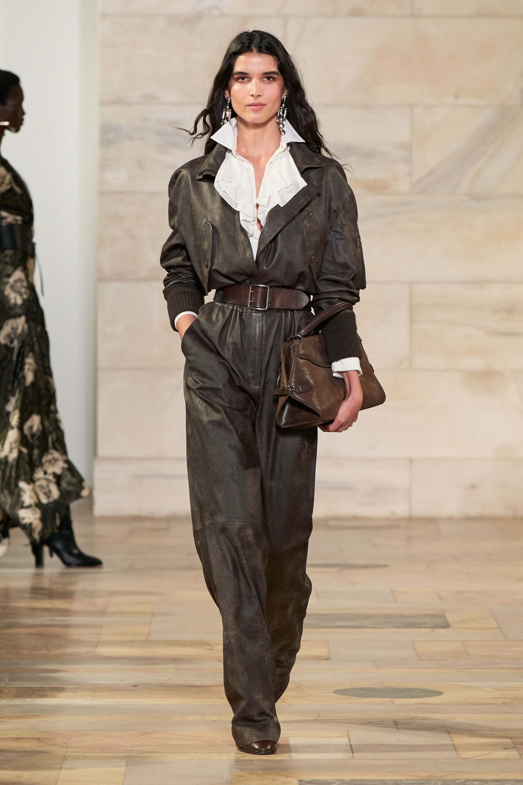 brown leather long-sleeve collared fitted belted jumpsuit