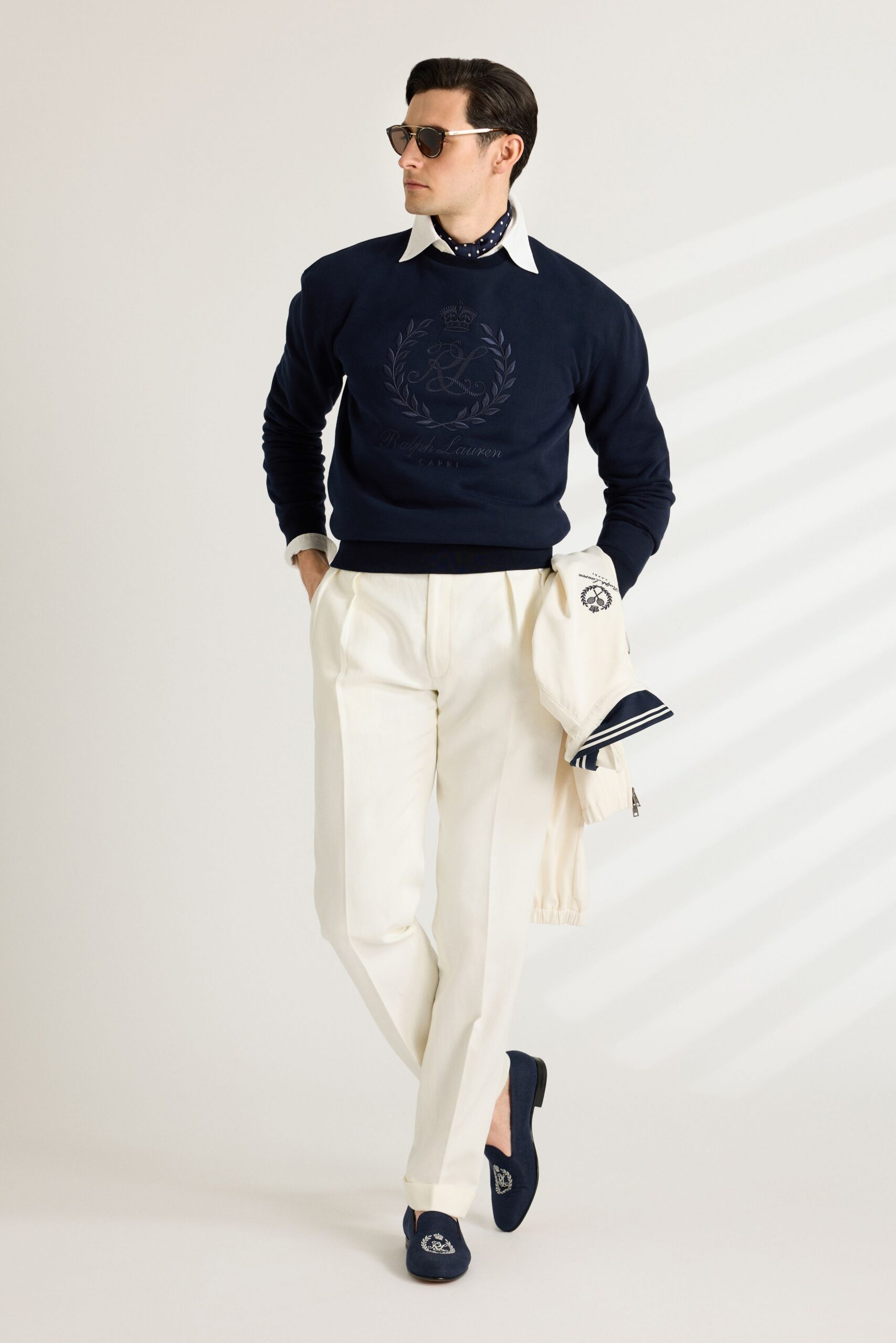 navy cotton sweater with white shirt
