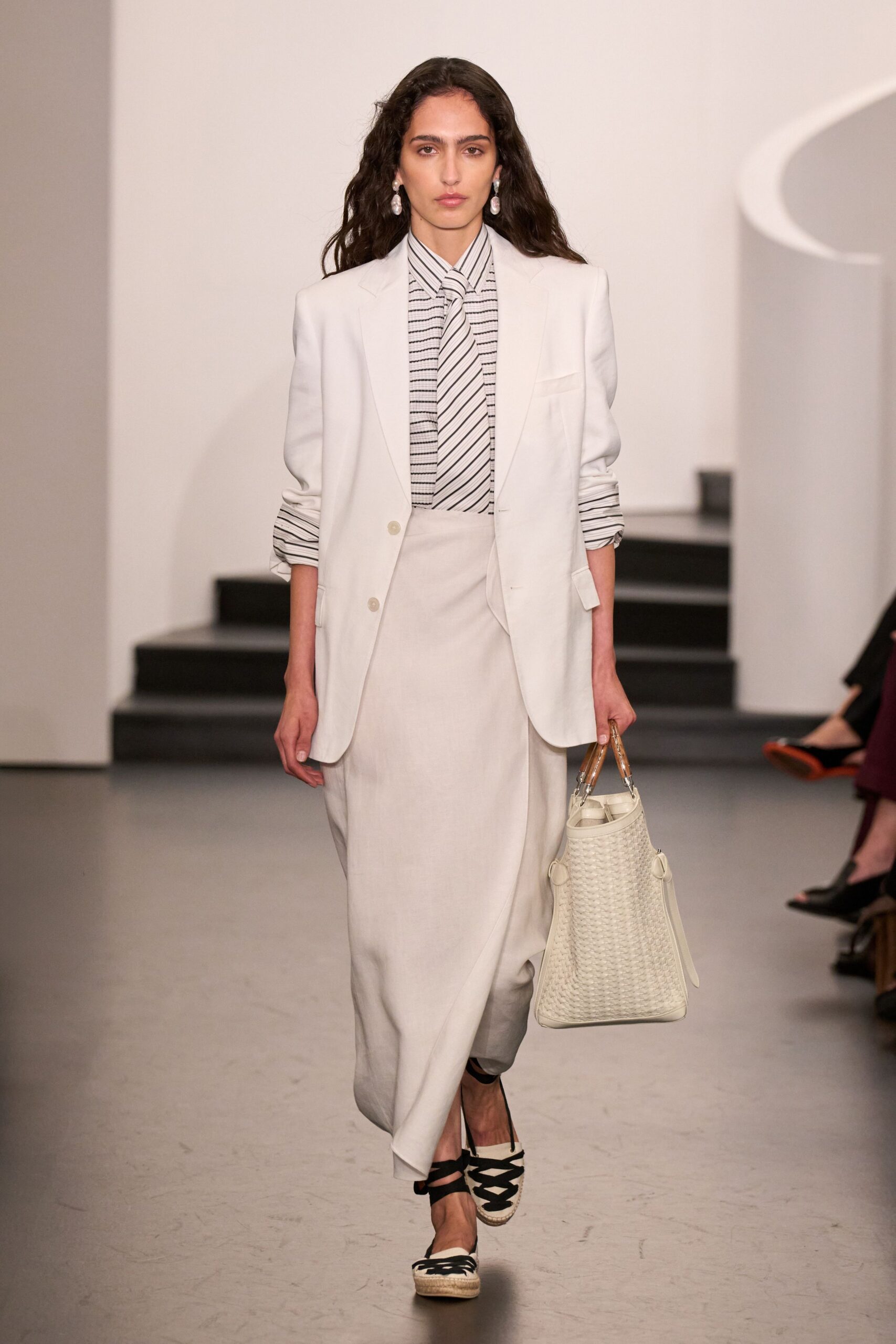 white tailored blazer with striped shirt