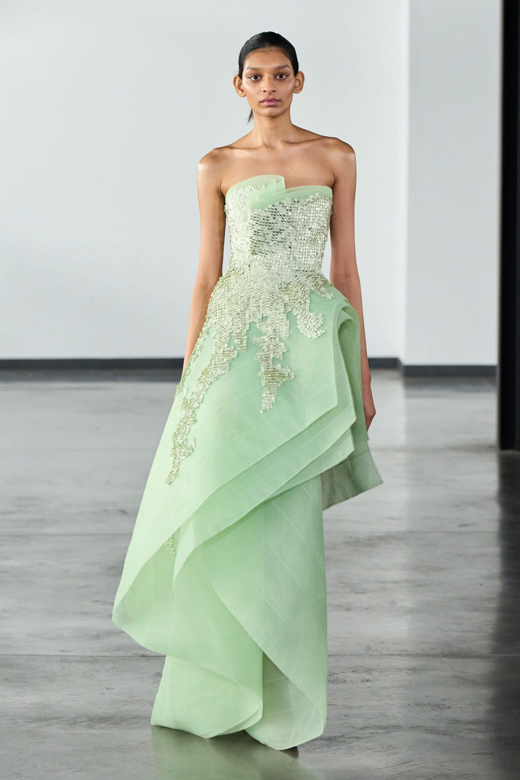 green silk strapless gown