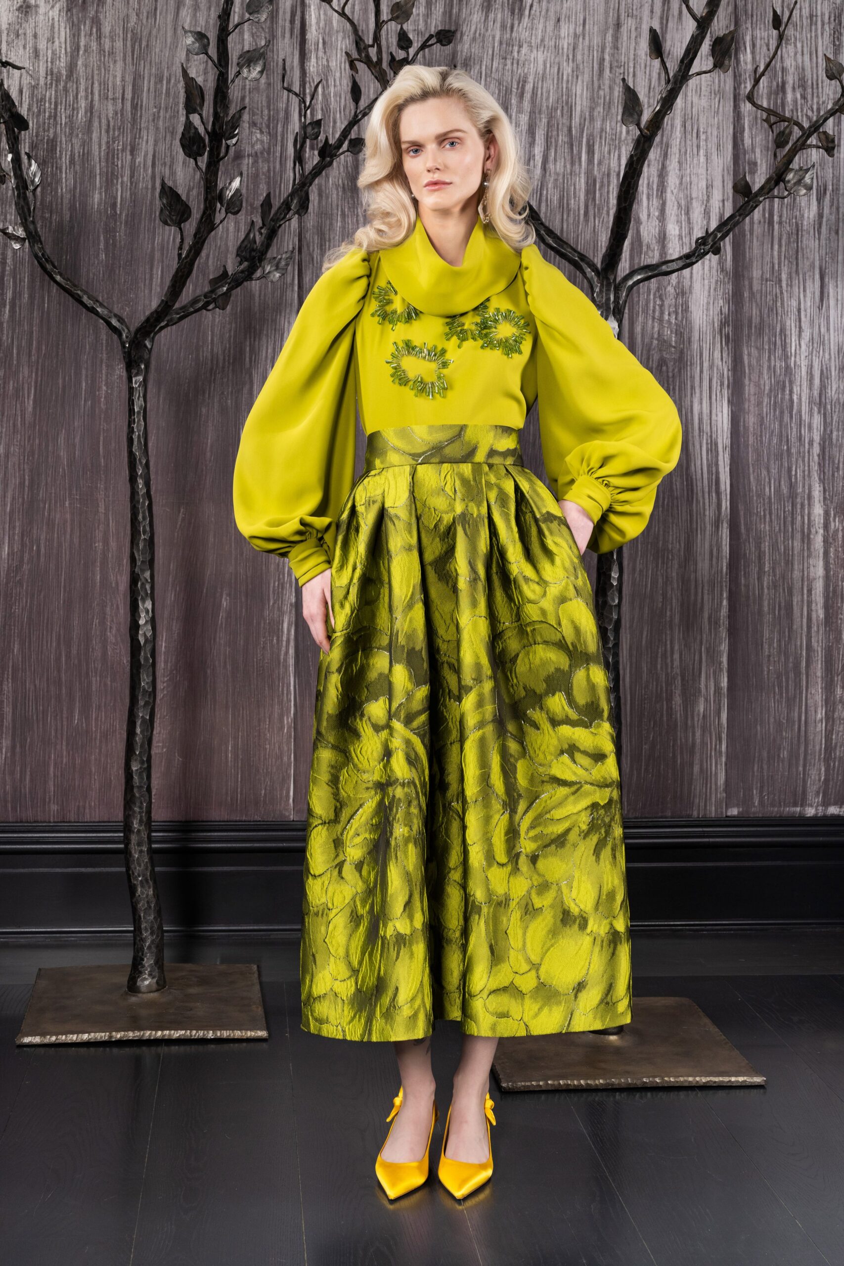 yellow long-sleeve collared relaxed embroidered top