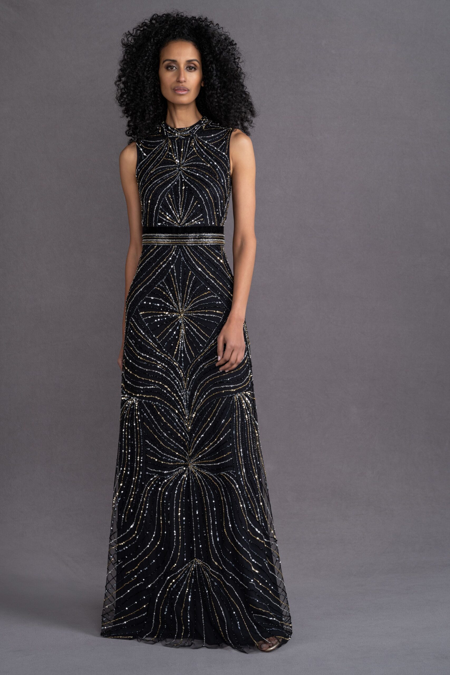 black and gold embroidered gown