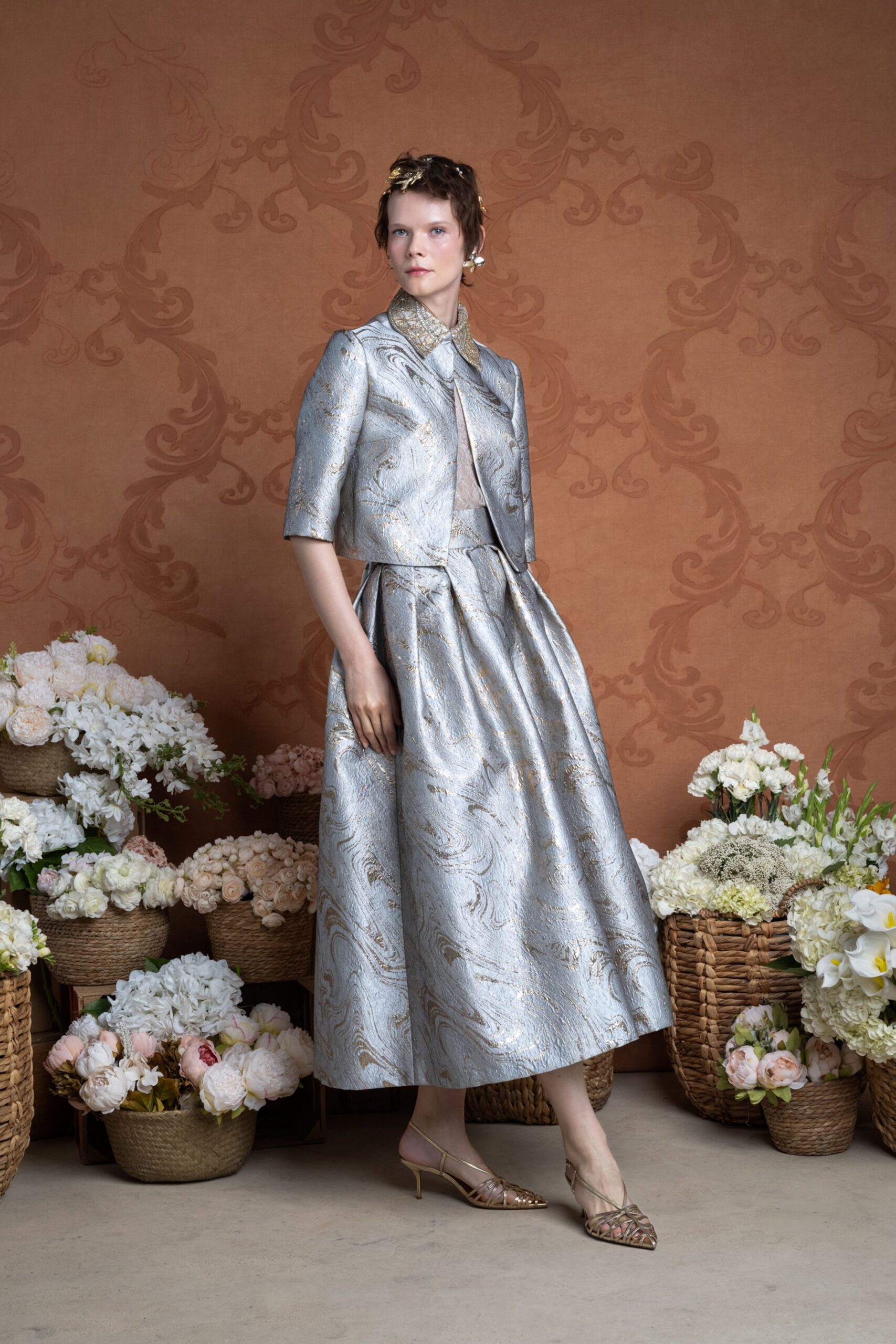 gray silk sleeveless v-neck fitted a-line printed dress