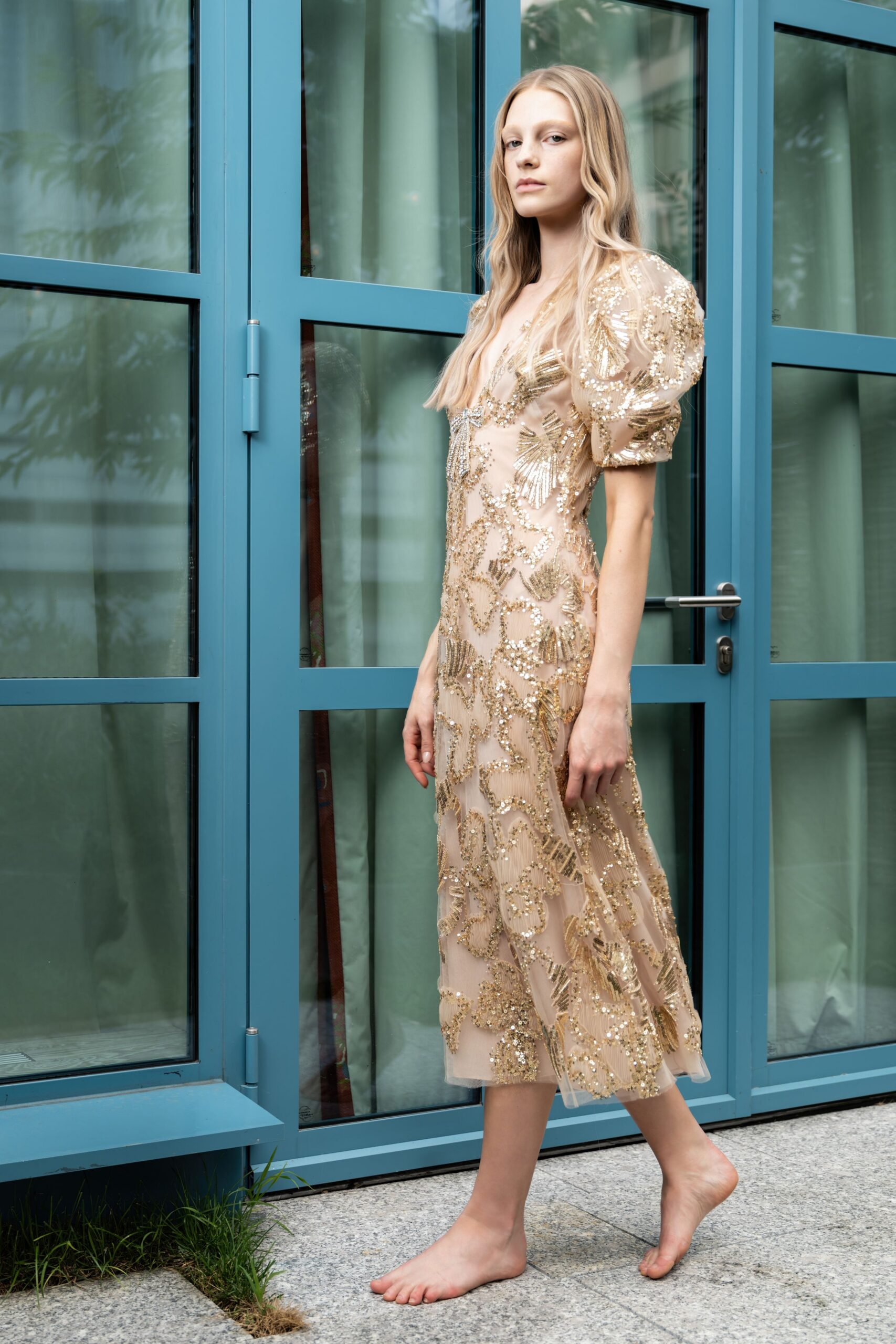 beige gold embroidered midi dress