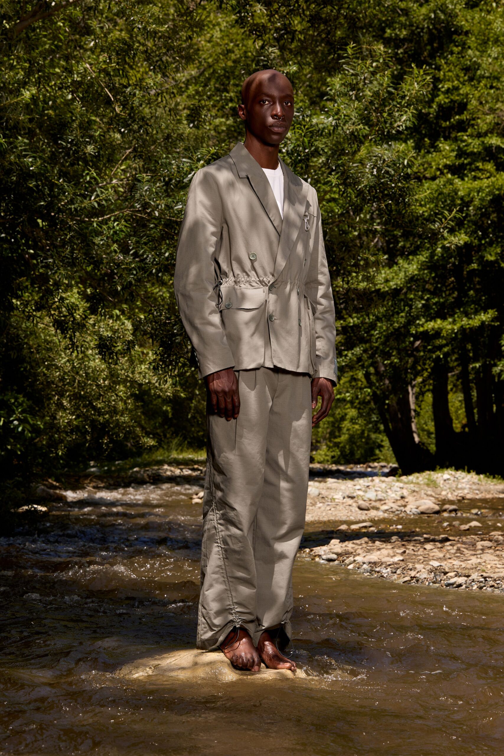 beige silk long-sleeve collared tailored buttoned suit