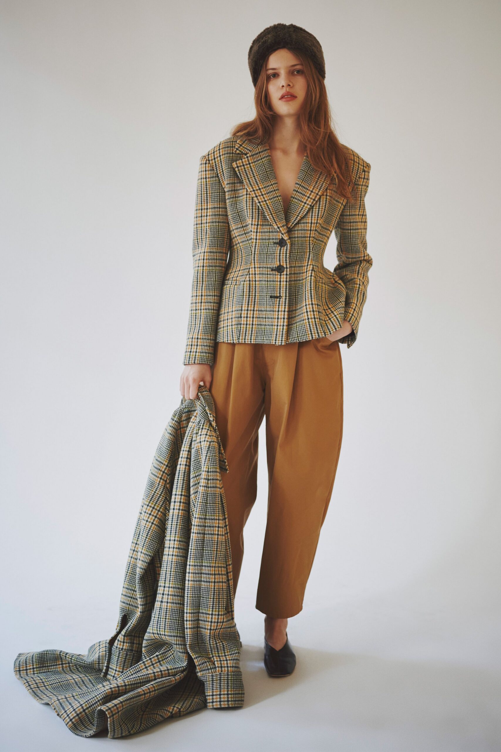 checked blazer with relaxed pants